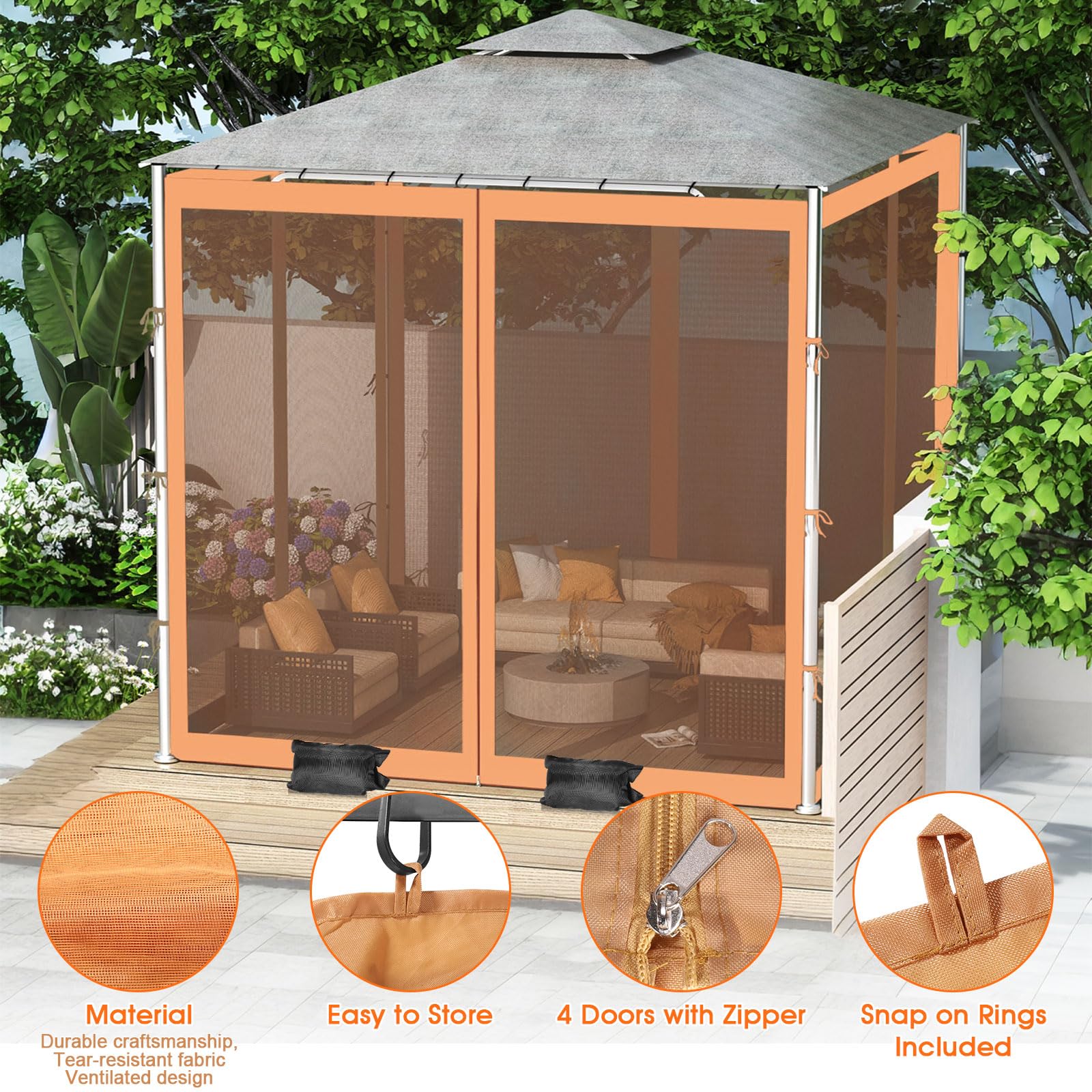 Zanzariera per esterni con cerniera a 2 vie, 4 porte, zanzariera per gazebo 10 x 10 per giardino/patio/padiglione, rete di ricambio per gazebo con 8 sacchi di sabbia, 52 ganci, 12 corde (solo