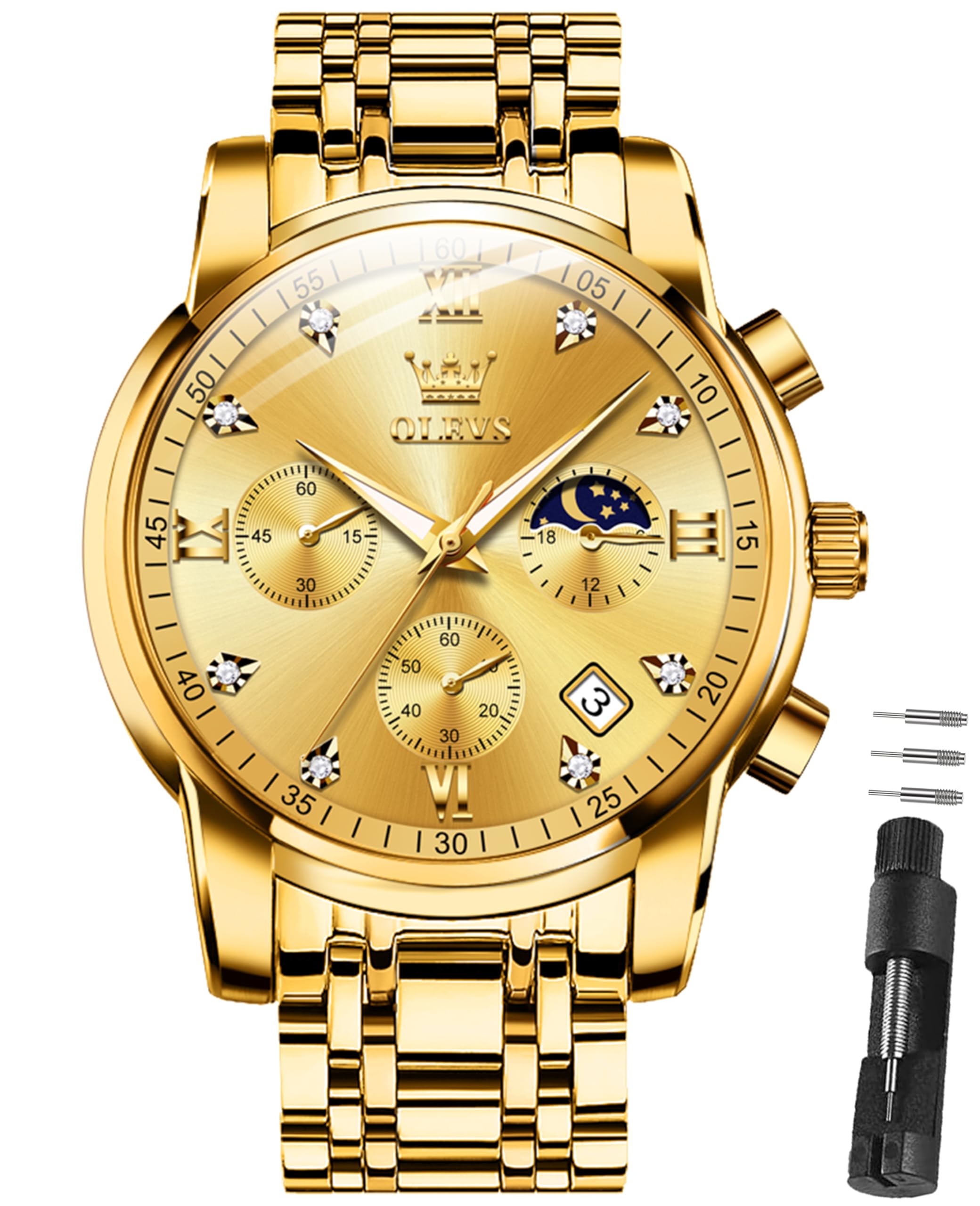 OLEVS Armbanduhr Herren Quarz Luxus Edelstahl Business Herrenuhr Chronograph 3Bar Wasserdicht Uhren Herren 42mm Zifferblatt mit Mondphase Datum Leuchtzeiger klassisch schlicht Geschenk für Männer