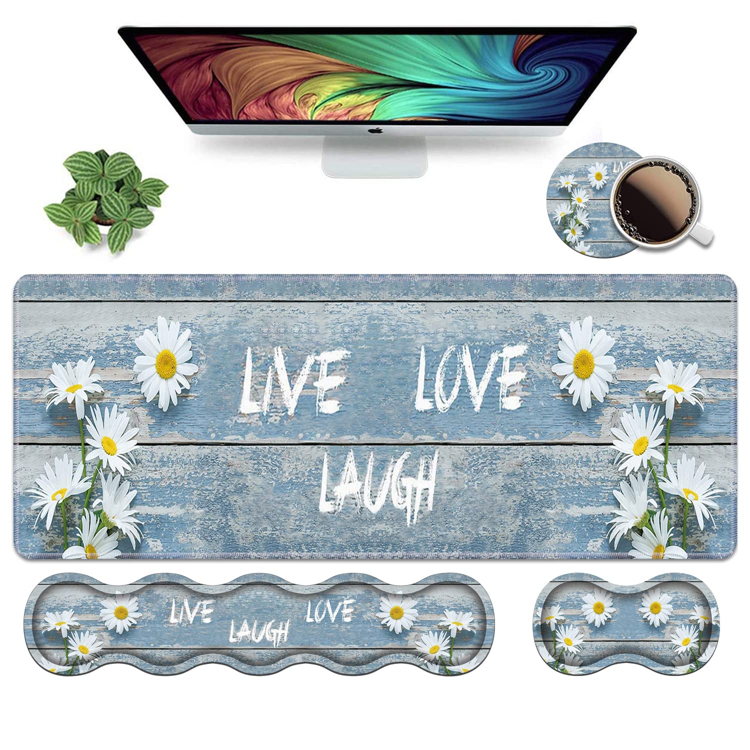 Ergonomic Keyboard Wrist Rest and Mouse Pad Wrist Rest Set,Dreamy Daisy Vintage Wood Board Live Laugh Love Large XXL Gaming Desk Mat 31.5"x 11.8",