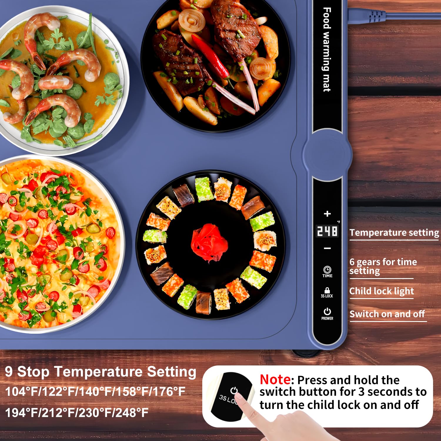 Temp Master Adjustable Food Warming Mat - Portable Electric Tray With Timer & 3 Heat Settings (White) - View #2