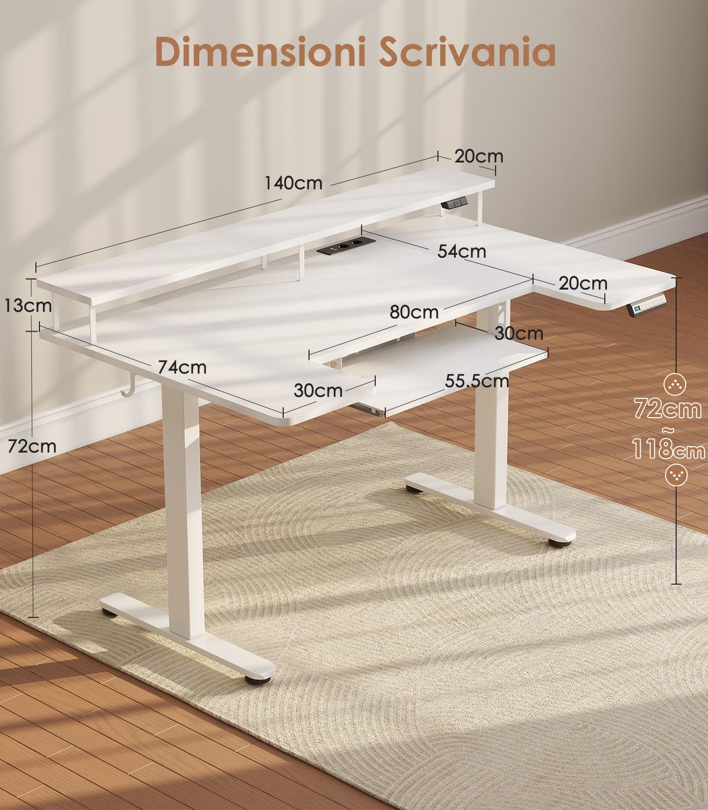 OffiGo Scrivania Elettrica con Supporto Monitor 140×74 cm, Bianco | Piano forma a U, USB e prese integrati, Scrivania motorizzata con 4 memorie, Scrivania regolabile per home office