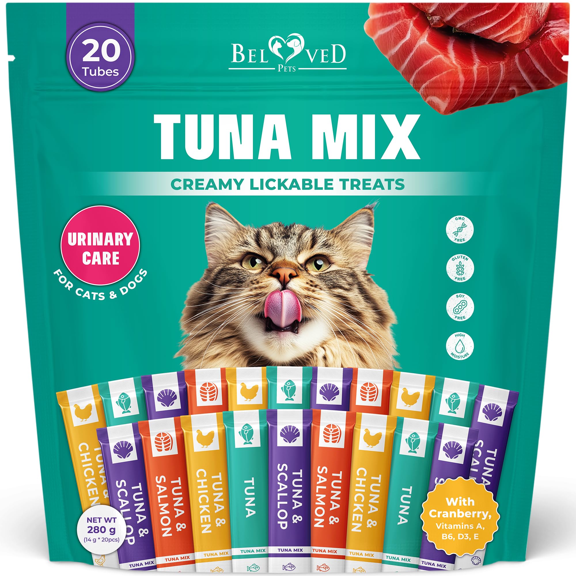 Creamy Lickable Cat Treats & Wet Food Squeeze Tubes โ Liquid Kitten Snacks, Urinary Tract Care, Multivitamin Treats for Cats, & Small Dogs, Lick Up 20 Sticks Tuna Mix