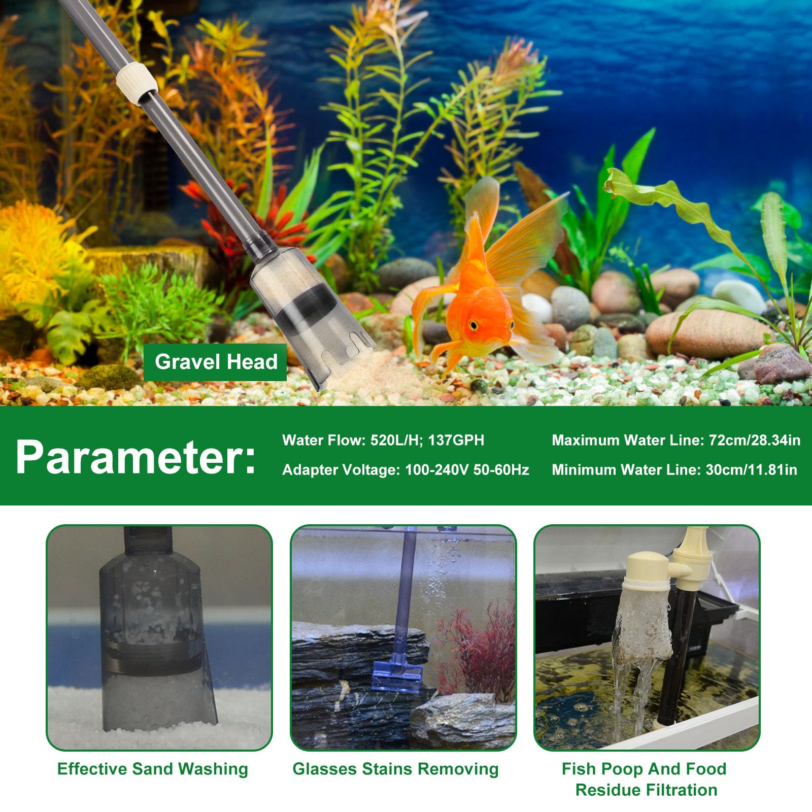 Kit de limpieza de grava para acuario, herramientas eléctricas de limpieza de peceras con succión fuerte, aspiradora automática multifunción para lavar arena, cambio de agua (longitud