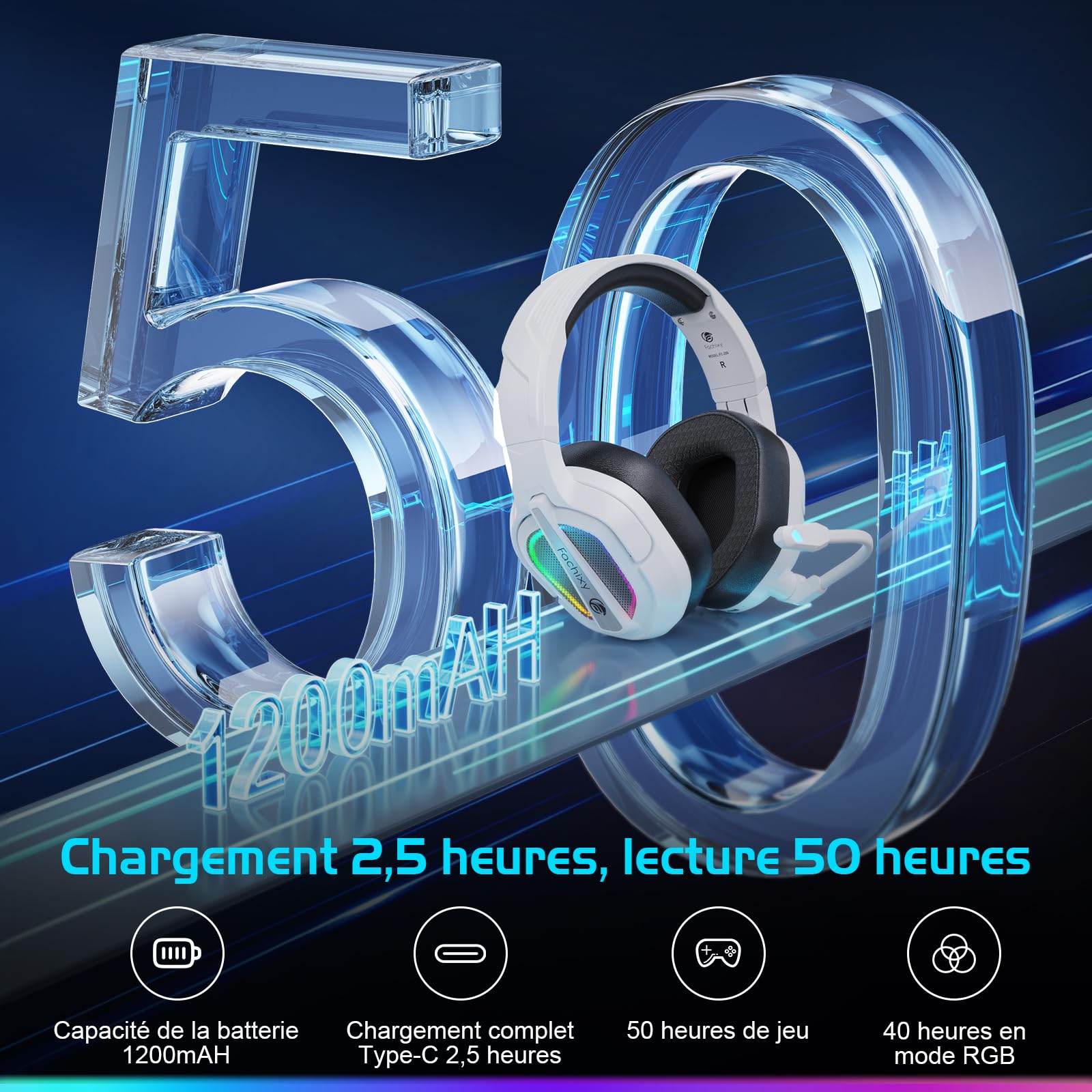 Fachixy FC200「2025 Nouvelle」Casque de Jeu sans Fil pour PS5, PS4, PC - Casque Pliable USB 2,4 GHz avec Micro - Bluetooth stéréo 3D avec autonomie de 50 Heures, pour Mac, Switch, Mobile, Blanc-Noir