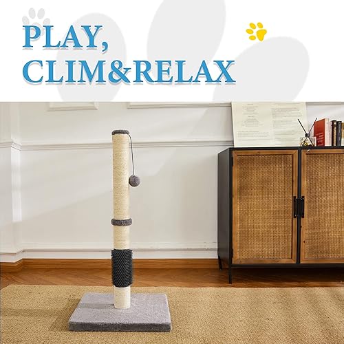 Miniatura 3 de MeowHomm Poste rascador para gatos de 32 pulgadas con cepillo para gatos, cuerda de sisal, poste rascador alto para gatos con bola colgante suave