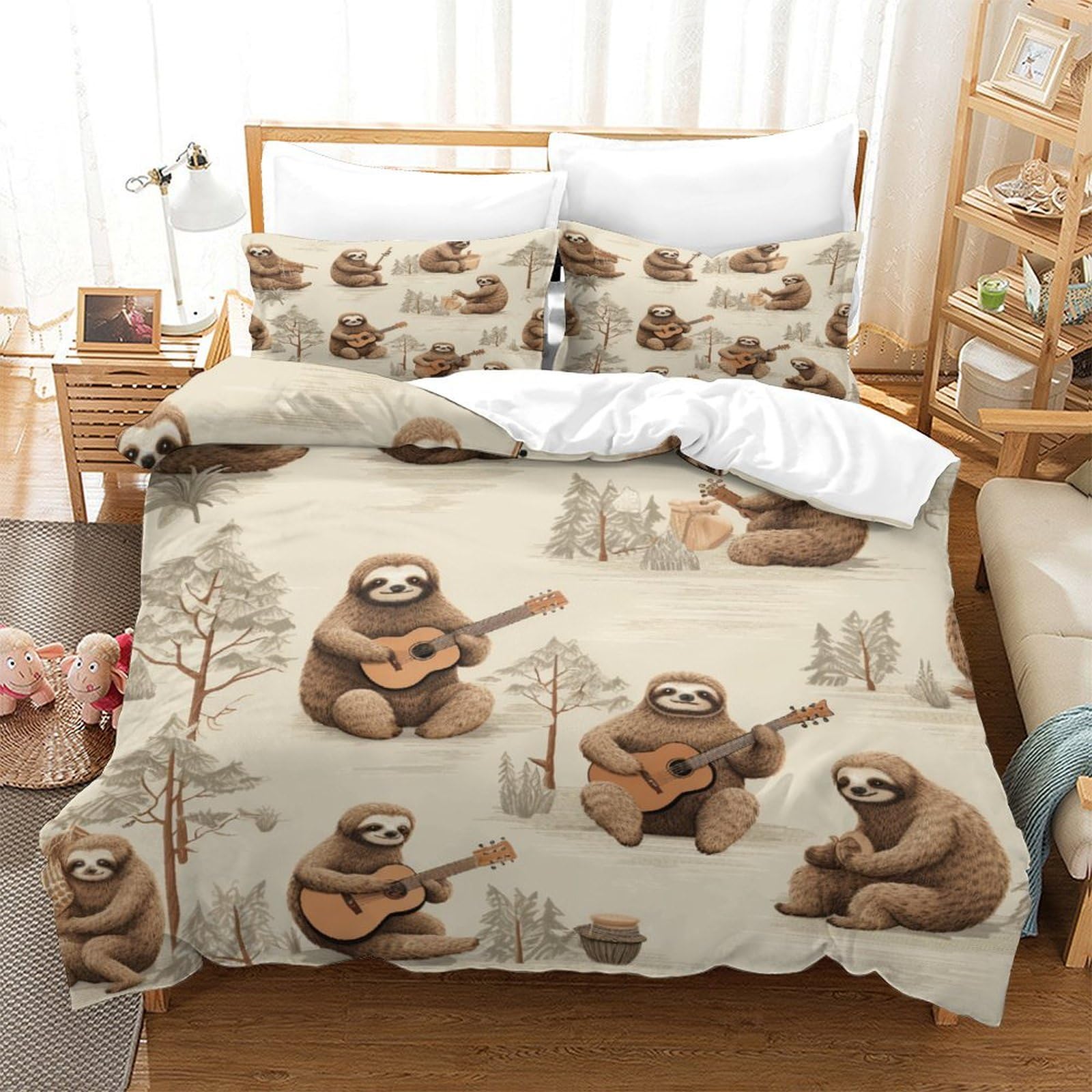 P1S9U7W5Y 3D Printed Cute Sloth Guitar Duvet Cover Set 3pcs Microfiber Animal Bedding Set King