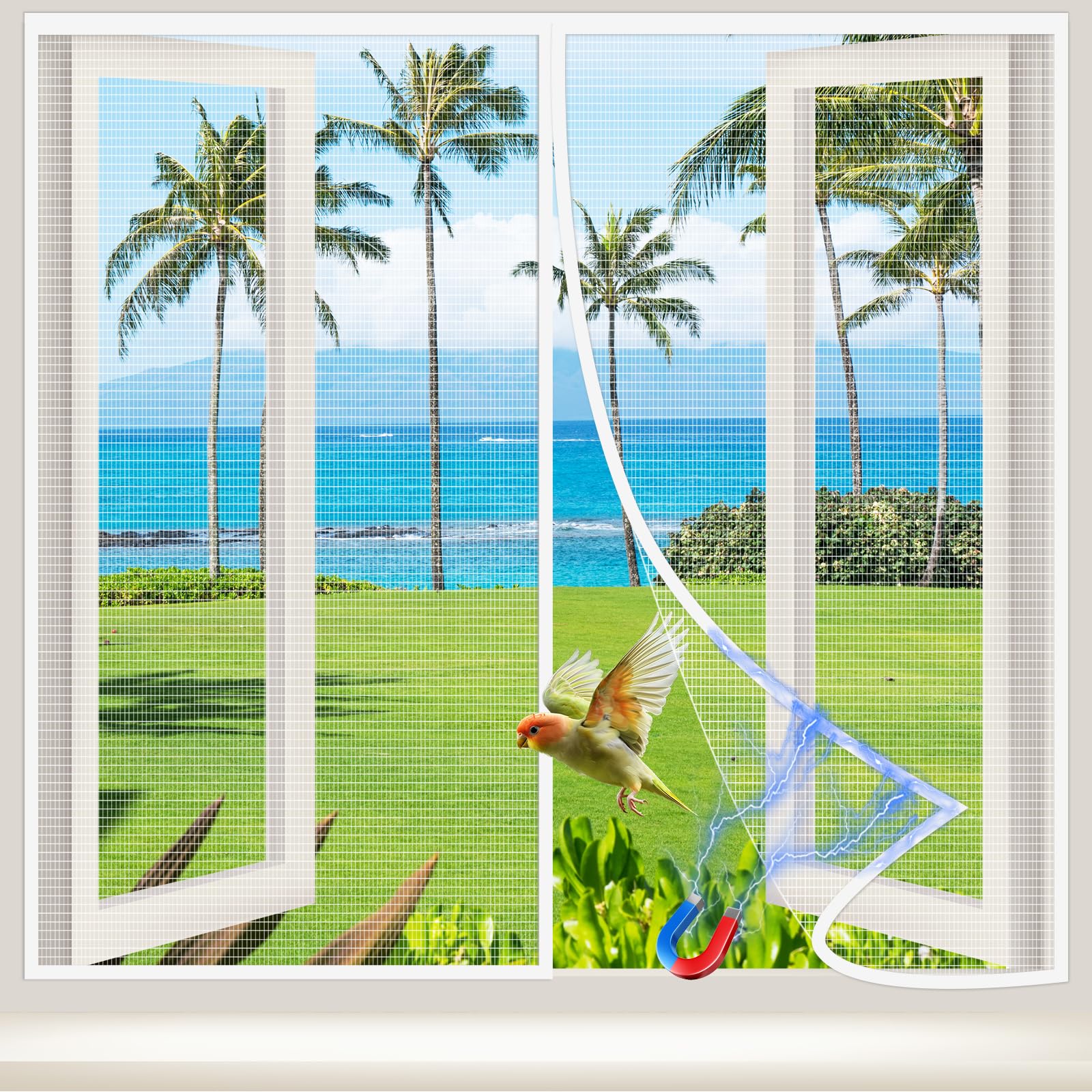 NUTKIT Magnetic Fly Screen Window, 110x110cm Fibergalss Mesh Mosquito Netting, Window Fly Screen Close Automatically, No Drilling Silent window-netting for Insects Mosquito Bugs(White Frame White Net)