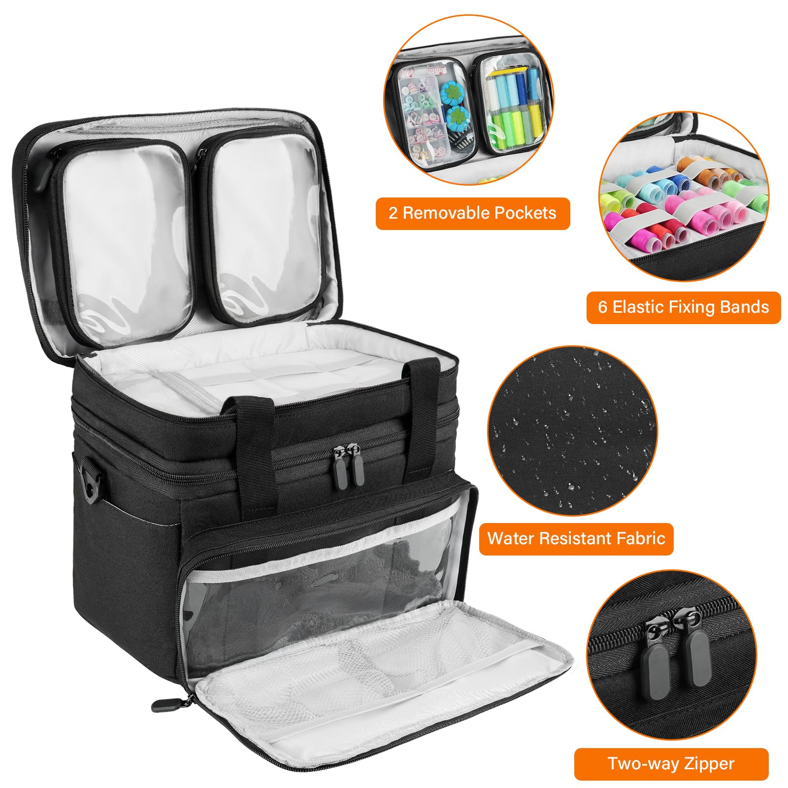 Nähzubehör Organizer Tasche mit Schultergurt – Doppellagige Näh-Aufbewahrung mit 2 herausnehmbaren Taschen – Große Reise-Nähbox für Nähbedarf & Werkzeuge (Schwarz, 30x20 cm)