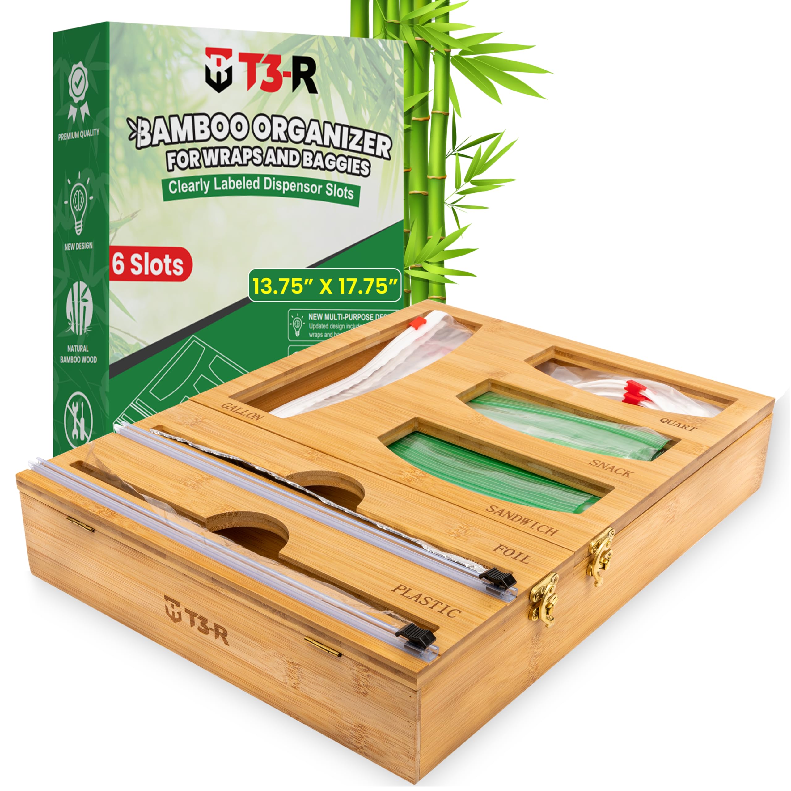 T3-R Bamboo Wrap Organizer - 6-in-1 Dispenser with Cutter for Sandwich Bags, Aluminum Foil, Wax Paper and Plastic Wrap