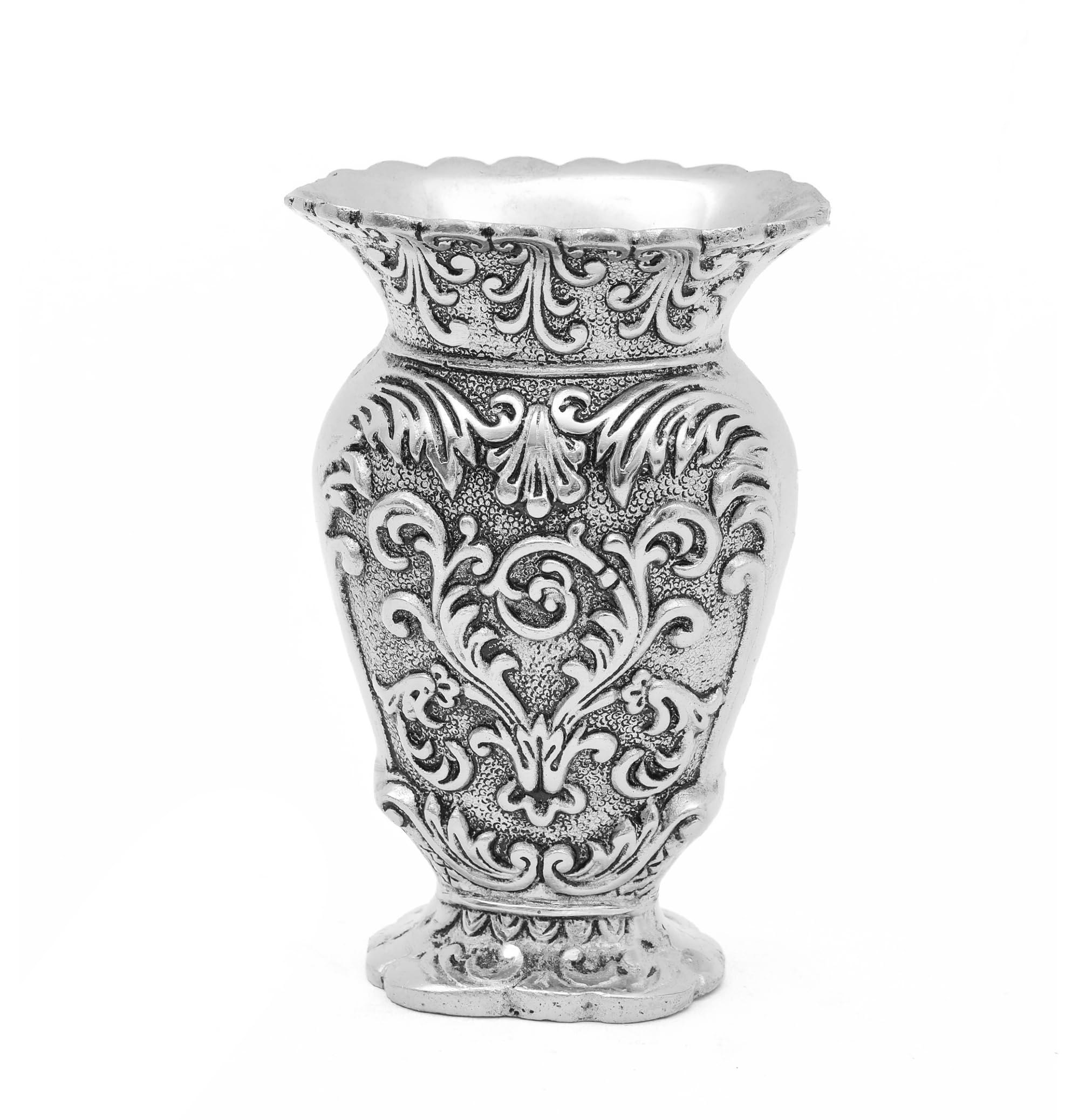 Nirmal Handicrafts Decorative Metal Vase | Antique Silver Finish Baroque Floral Flower Pot | Traditional Ornate Aluminium Table Vase for Home Décor | 7.5 × 5 × 5 Inch (Silver)-image-18