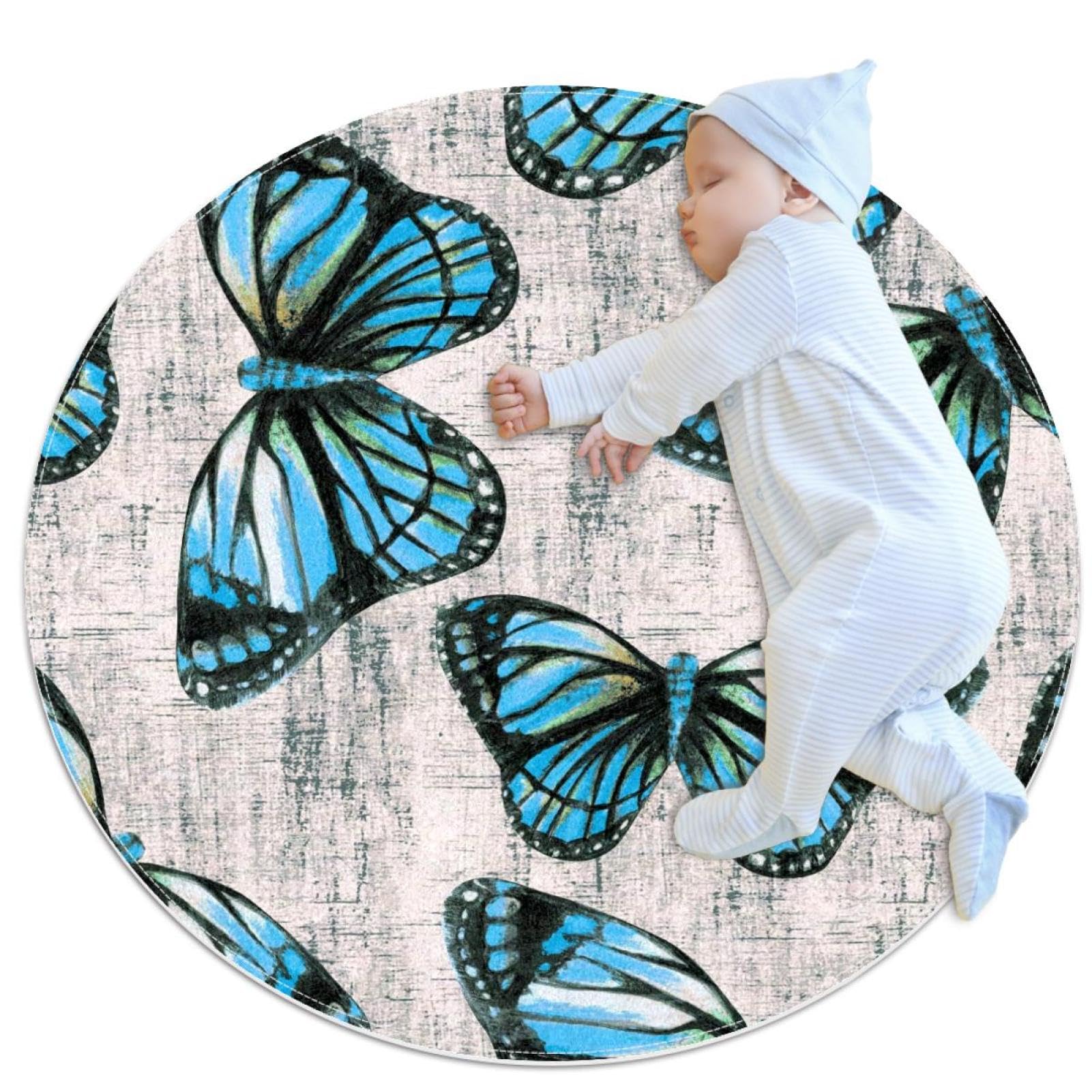 Tapis de salle de bain papillon bleu rond 1m pour chambre enfant
