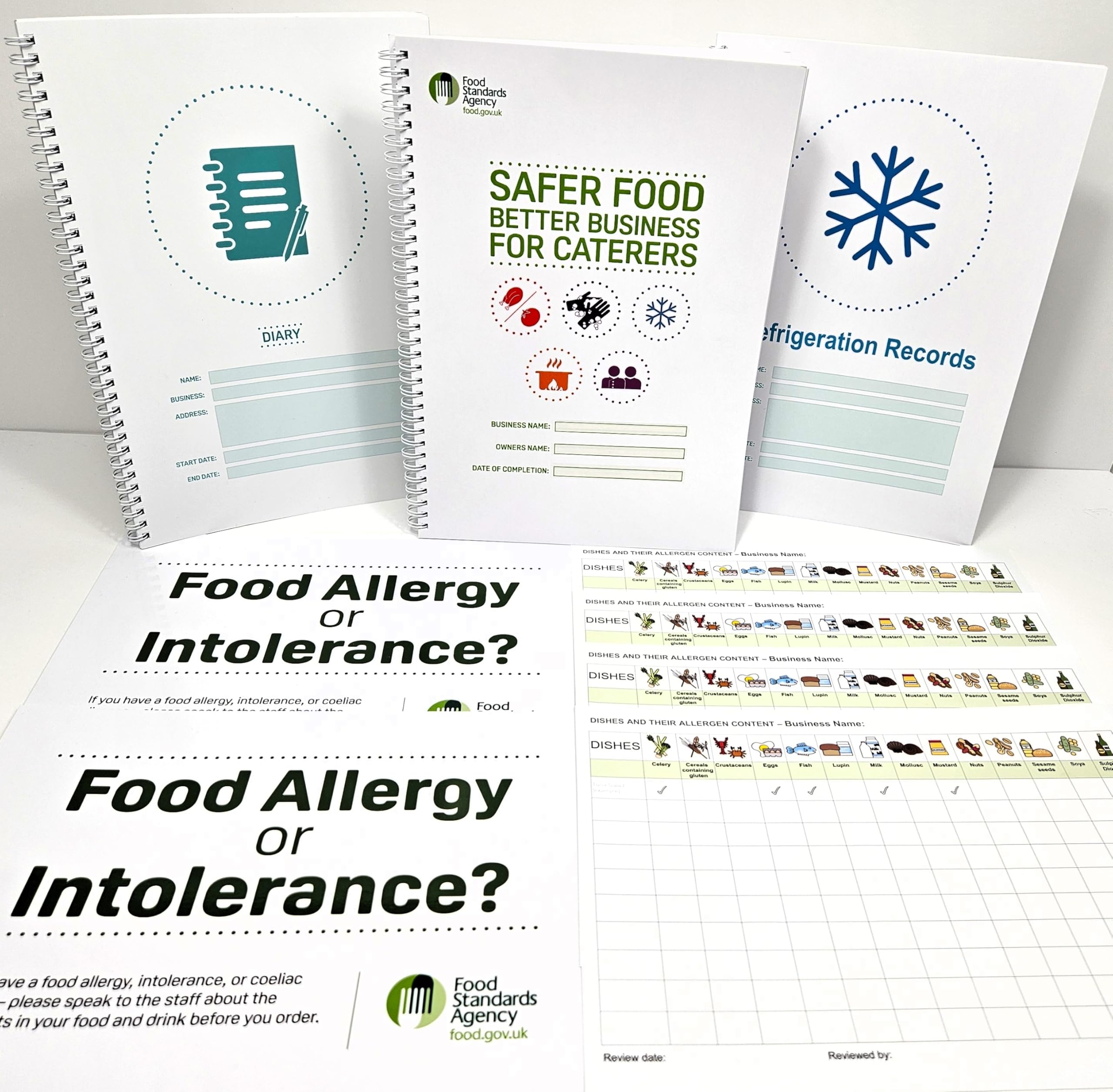 Updated Spring 2024 Safer Food Better Business for Caterers &13 Month Diary, 13 Month Daily Fridge/Cold Room/Display Chill Temperature Records, Laminated Food Allergy Signs & Allergen Charts