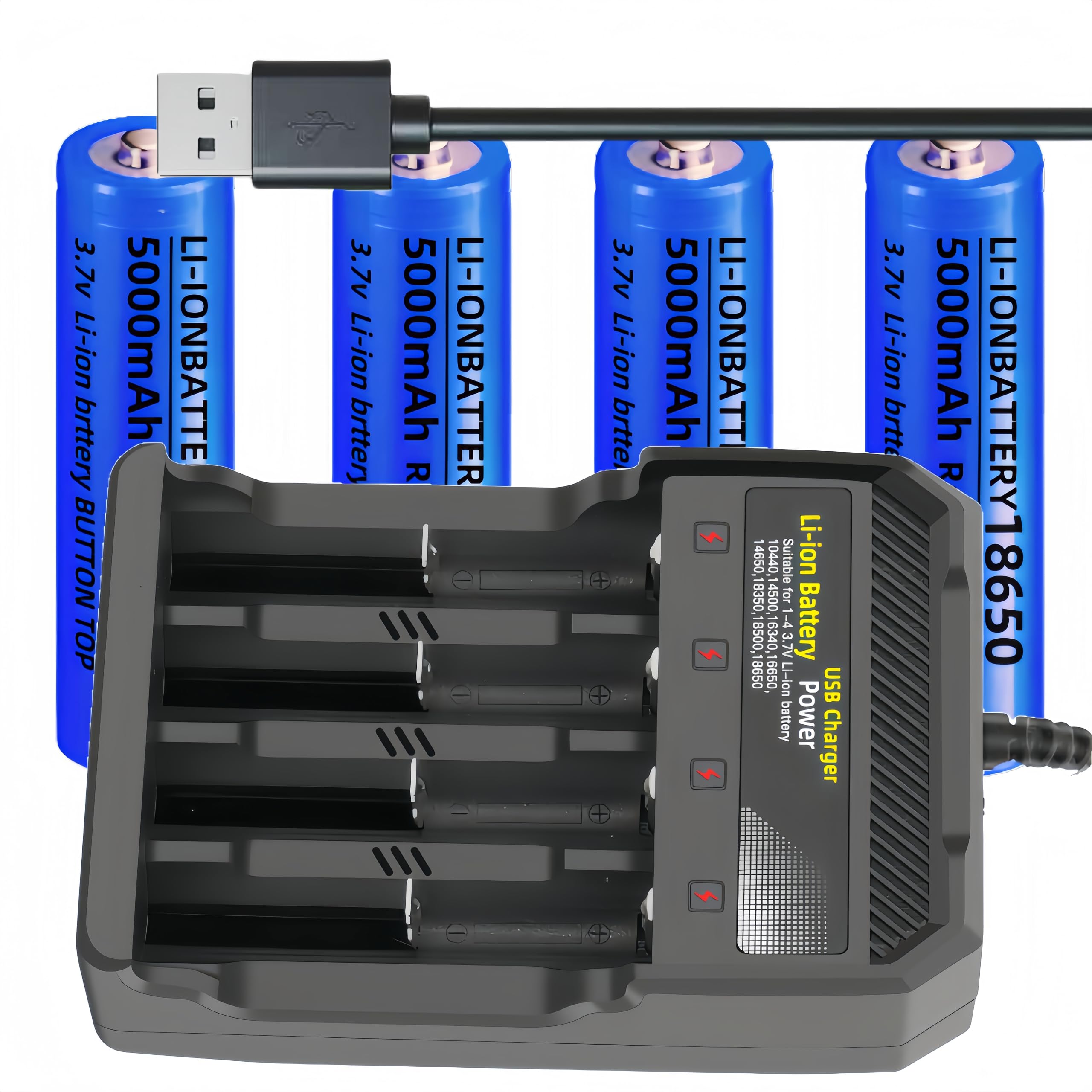 4pcs 18650 USB Battery Charger Rechargeable 3.7V li ion Batteries for Universal Charger(4Pack Button Top Type Battery Four-Slot Smart Charger)