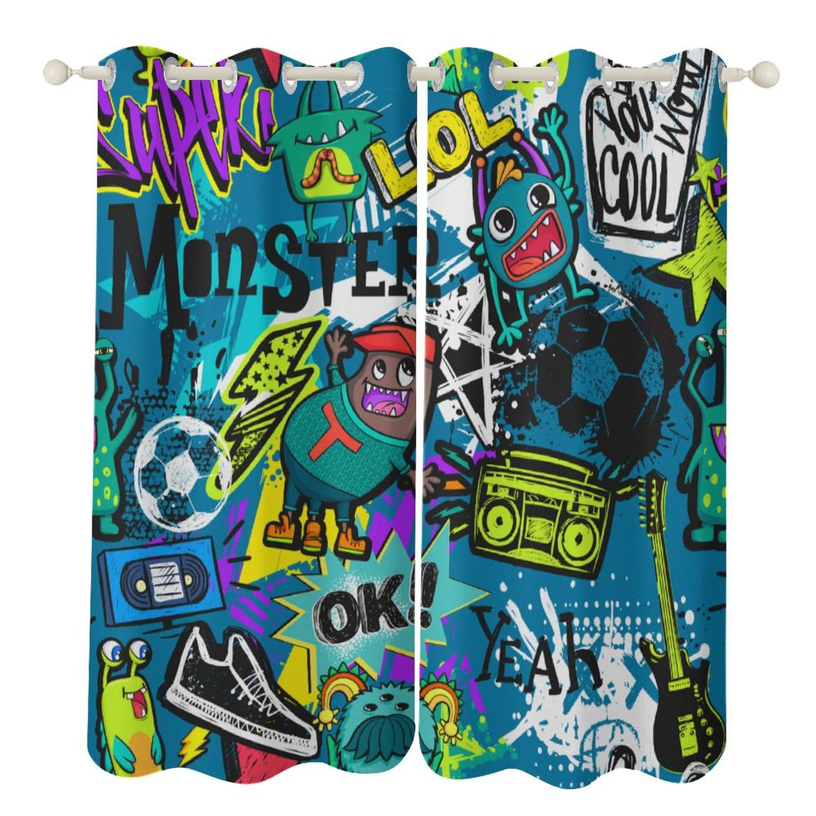 Hippie Graffiti Curtains for Kids, Funny Cartoon Messy Hip Hop Fashion Doodles Inkjet Spray Green Print Decor Window Treatments, Blackout Drapes for Boys Teen Room Bedroom, 42x45inch (2 Panels)