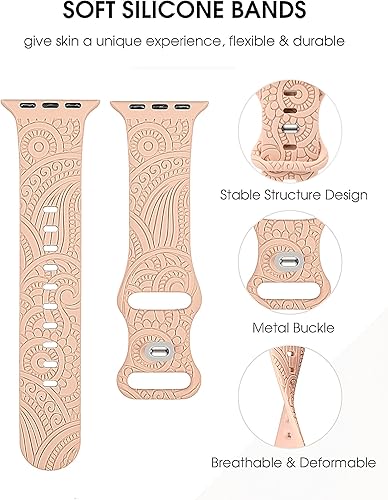 Miniatura 2 de TOYOUTHS Paquete de 2 correas bohemias grabadas compatibles con Apple Watch de 1.772 in, 1.732 in, 1.654 in, 1.929 in, para mujeres, hombres y