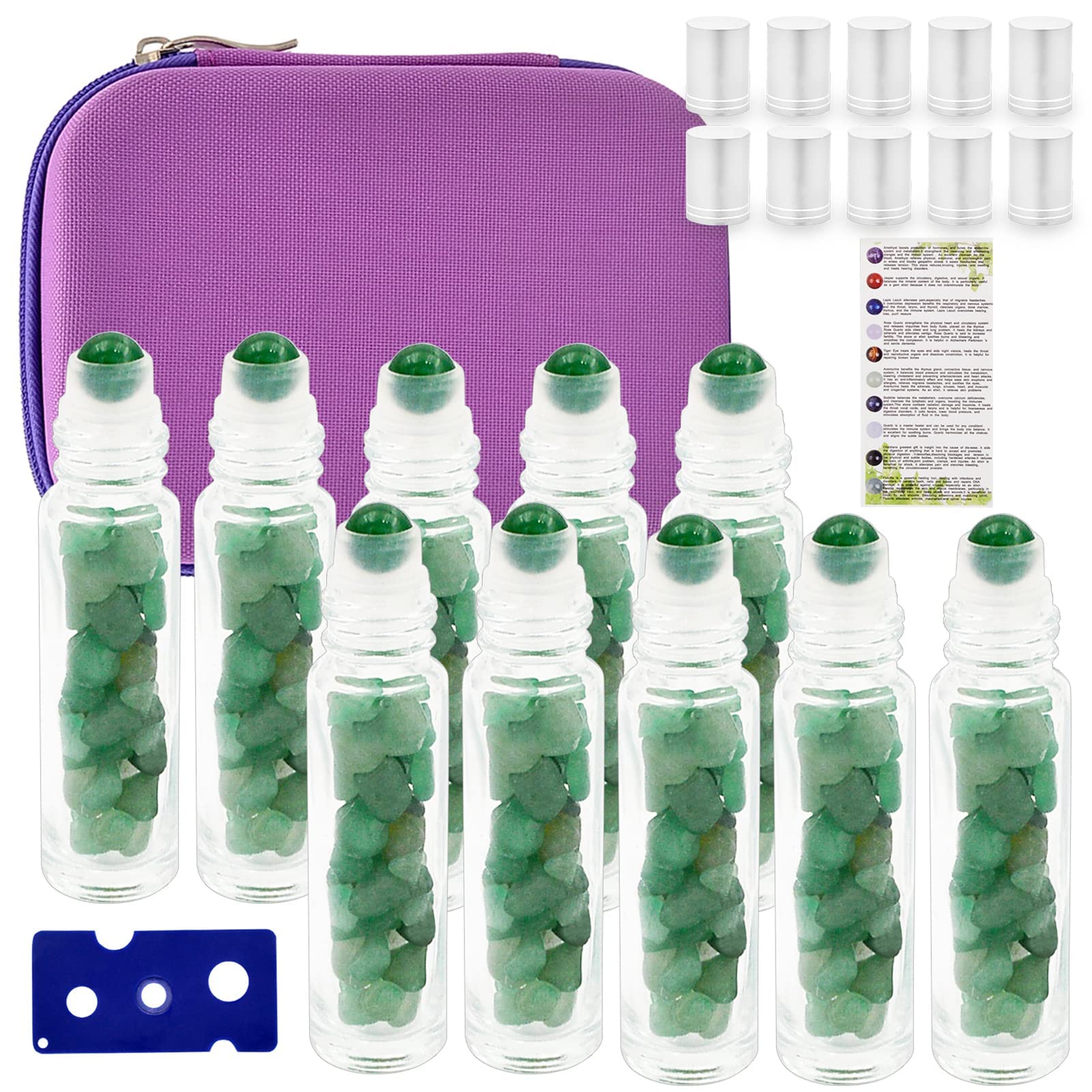 Essential Oil Roller Bottle EVA Carrying Travel Case and 10pcs Essential Oil Gemstone Roller Ball Bottles Frosted Glass Inside 10ml Healing Crystal