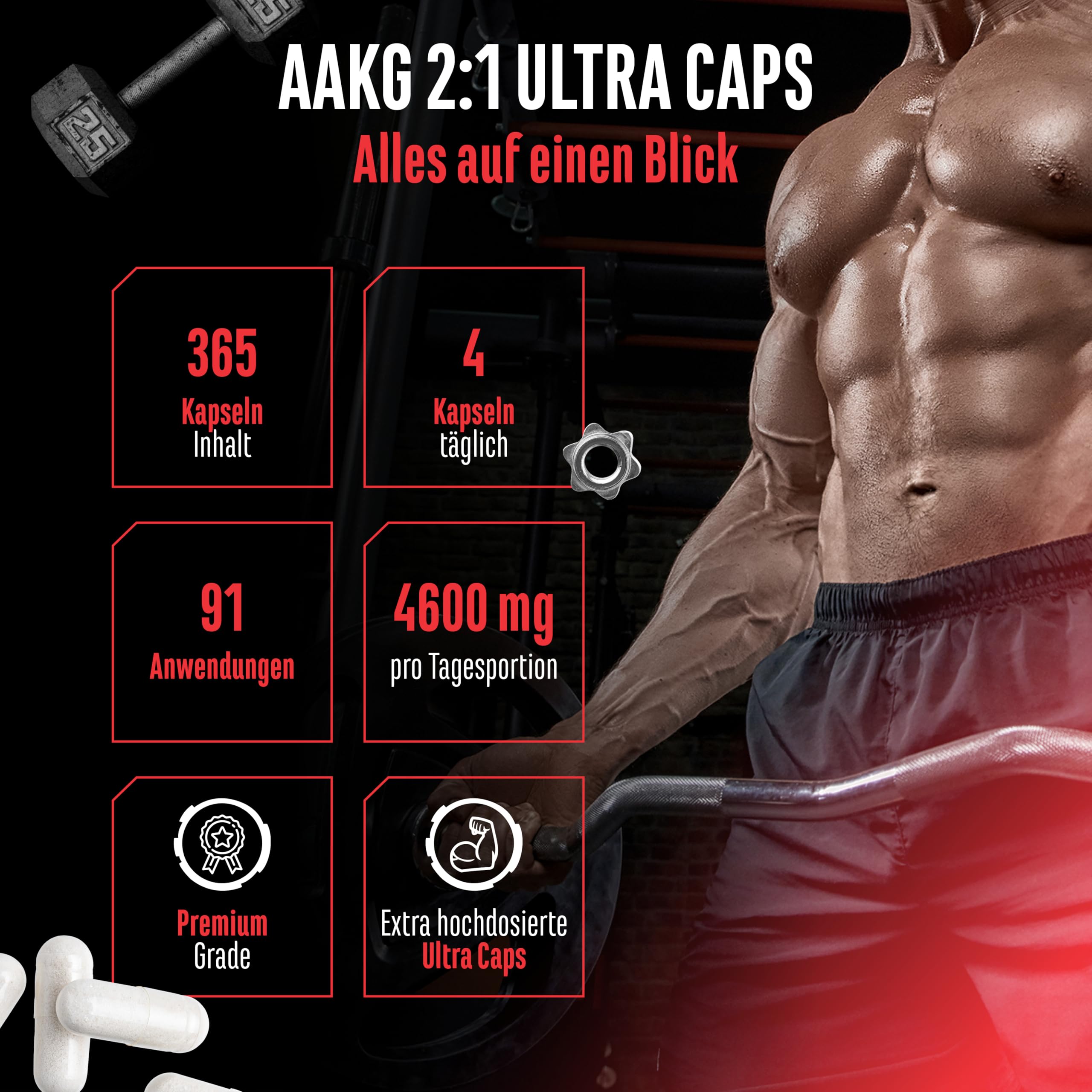 GEN GERMAN ELITE NUTRITION AAKG Ultra Caps - 365 Kapseln | 1150 mg L-Arginin-Alphaketoglutarat, Extra hochdosiert, reine Aminosäure aus pflanzlicher Fermentation