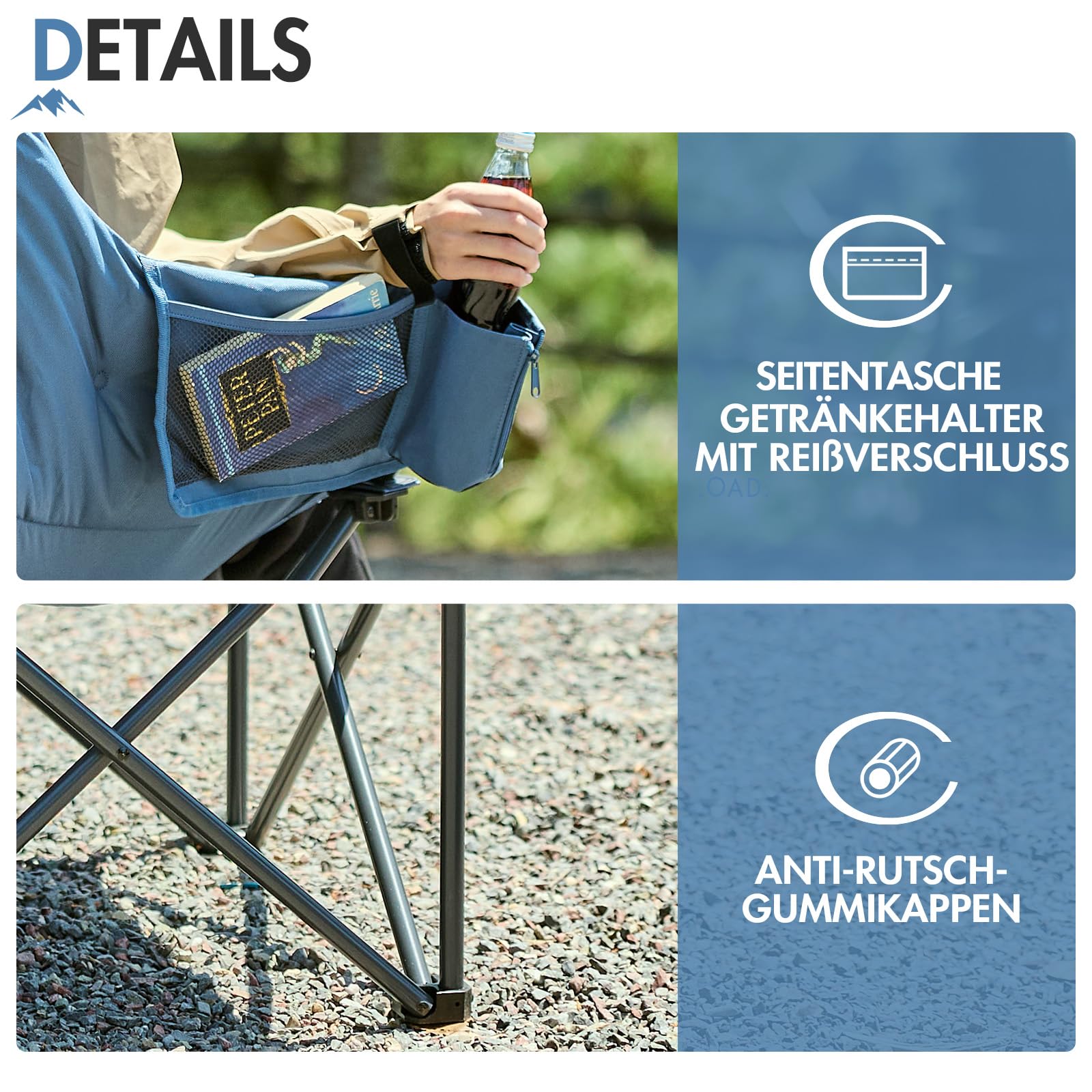 Portal Campingstuhl Faltbar Klappstuhl Camping Klappbar Super Weich 150kg Belastbar Faltbarer Angelstuhl XXL Dick Gepolstert mit Armlehnen Outdoorstuhl Schwarz