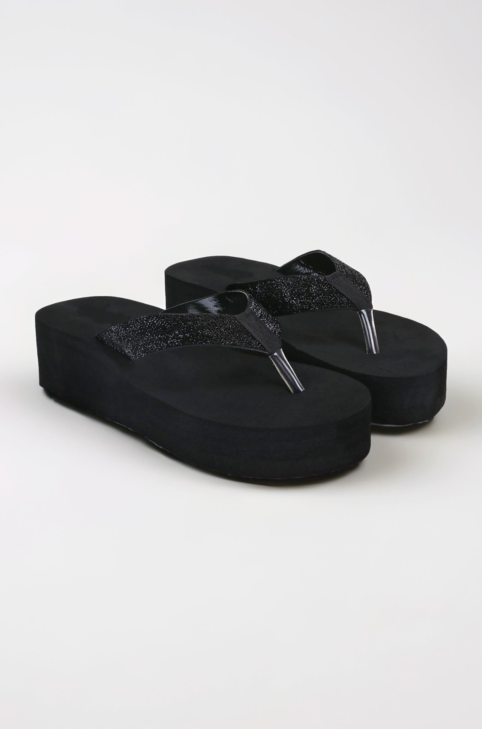 Women's Platform Flip Flops with Glitter Straps, Black, Wedge Thong Sandals Slipper