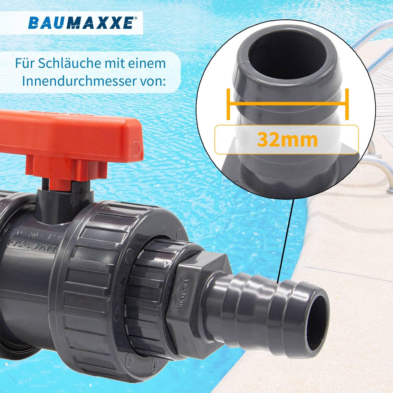 PVC Kugelhahn mit Schlauchtüllen 32mm I Pool Absperrhahn 2 Wege mit Innengewinde 1 Zoll und Schlauchverbinder I Absperrventil für 32mm Poolschläuche I bm270