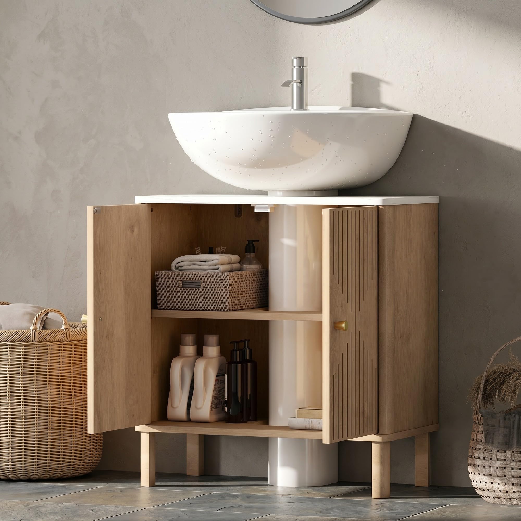 HOMCOM Mobile Sottolavabo con 2 Ante Decorate, Mobiletto Bagno con Ripiano Effetto Marmo e Mensola Regolabile Sotto Lavabo, adatto per Lavabi Con o Senza Piedistallo, Rovere