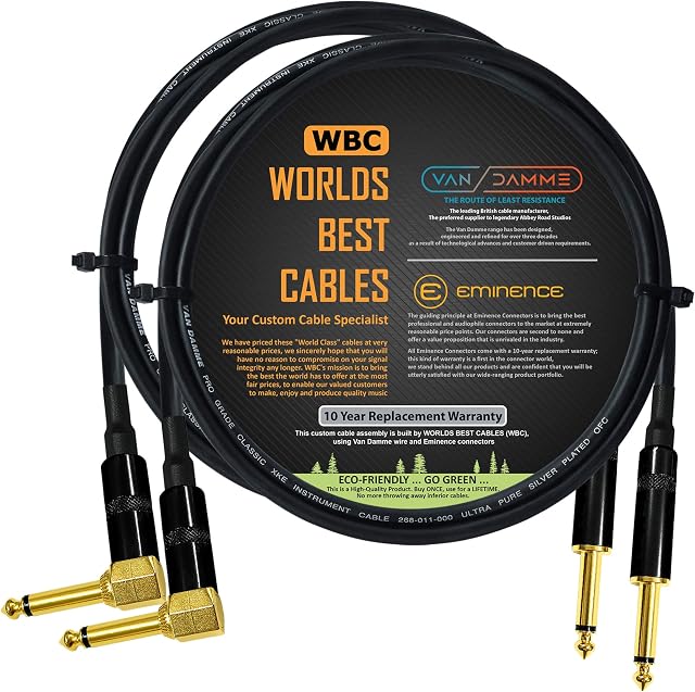 2 Units - 90 CM - Van Damme Pro Grade Classic XKE - Premium Ultra-Flexible Multi-Shielded Guitar Instrument Effects Patch Cable w/Eminence Straight & Angled Gold 6.35mm TS Plugs & Staggered Boots