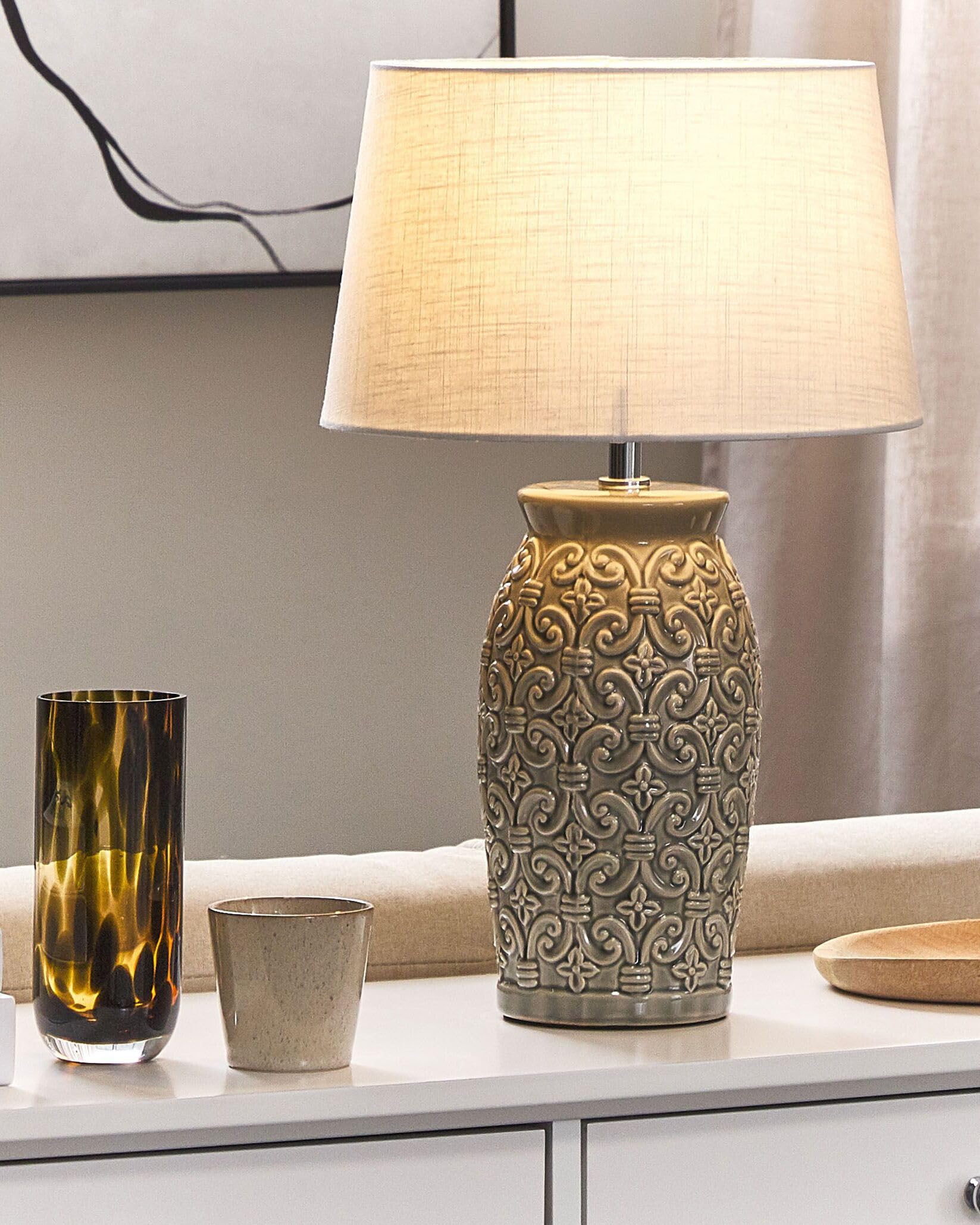 Beliani Tischlampe 48 cm Keramik grau Stoffschirm weiß Kabel mit Schalter Antik Khoper