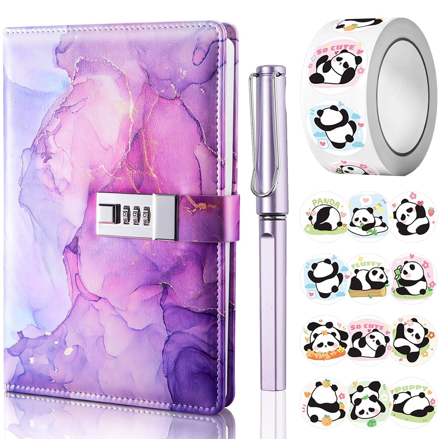 Diario con lucchetto per ragazze, Diario A5 con codice, Quaderni con lucchetto con penna e set di adesivi divertenti, Quaderni in pelle PU, Diari di marmo segreti per regalo di compleanno (22 x