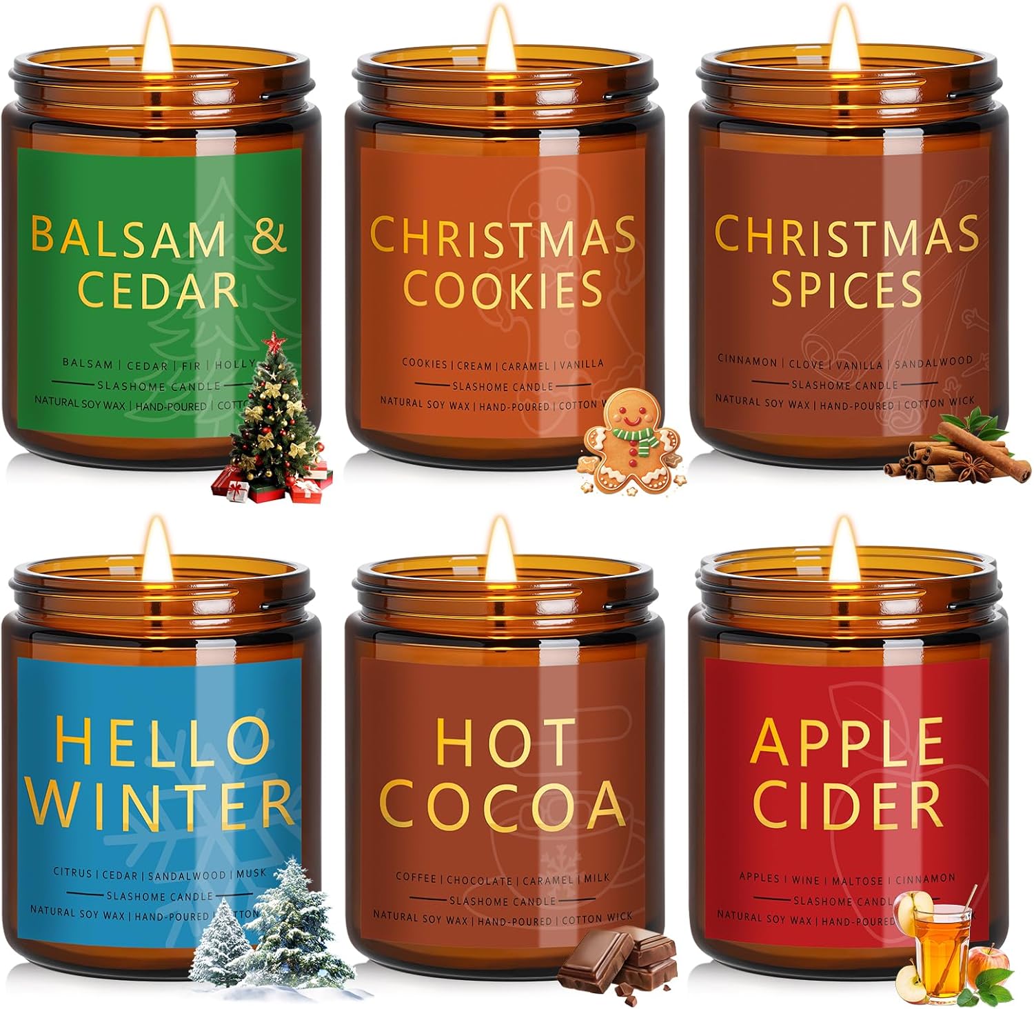 Christmas & Winter Candle Gift Set, 6 Pack 7oz Soy Scented Candles for Home, Holiday & Birthday Gift for Women & Men, Balsam Cedar, Christmas Cookies & Spices, Apple Cider, Hot Cocoa & Hello Winter