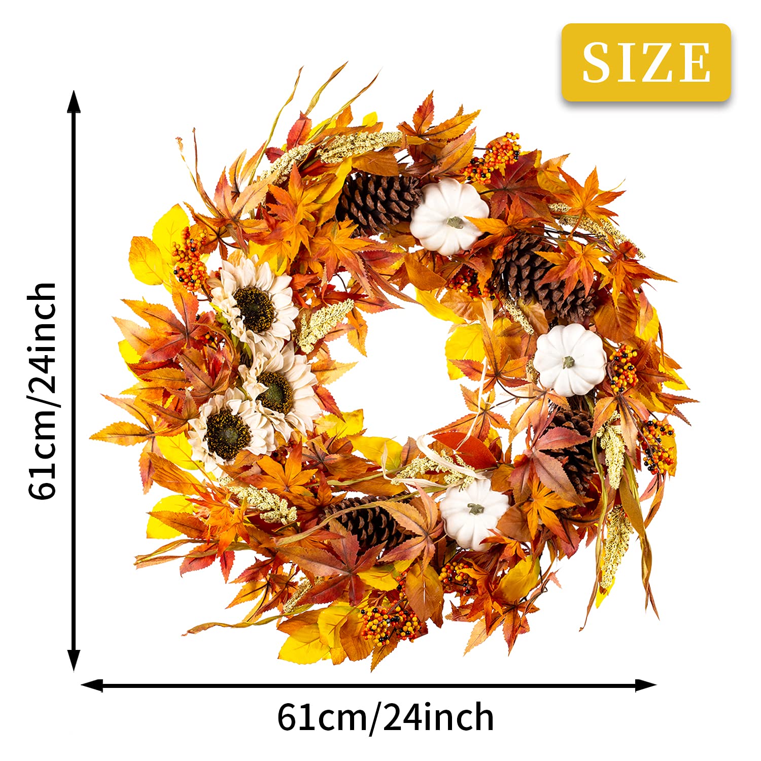 WANNA-CUL Ghirlanda autunnale da 61 cm per porta d'ingresso con zucca, pigne, bacche, foglie d'acero, ghirlanda per il raccolto per decorazioni autunnali e del Ringraziamento