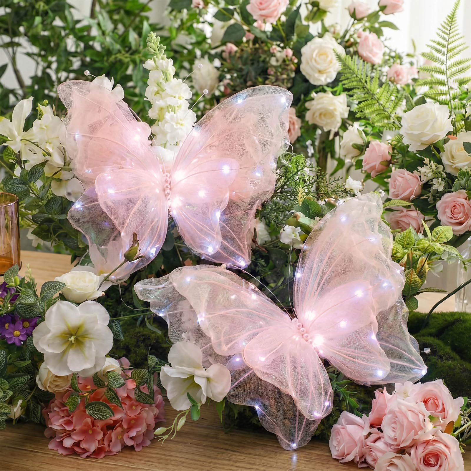 Yinkin 2 Pcs 20 Inch Large LED Butterfly Decorations Mariposas Grandes para Decoracion Giant Light up 3D Butterflies for Wedding Birthday Party Baby Shower Decor(Pink)
