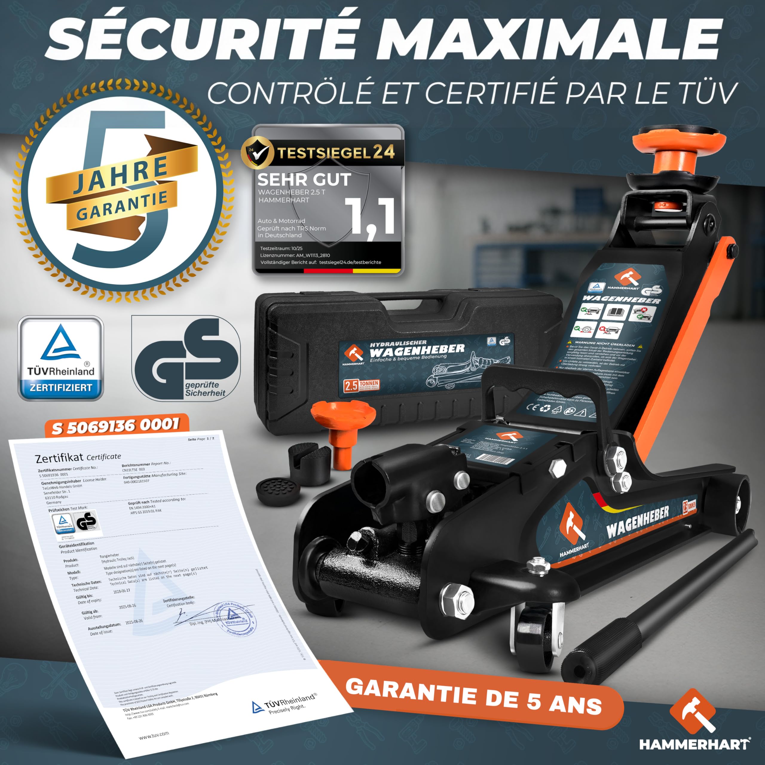 Cric hydraulique 2,5 t | Cric homologué TÜV avec Une Hauteur de Levage de 85 à 384 mm | Cric Professionnel avec 2 Patins en Caoutchouc, roulettes pivotantes à 360°, poignée en T et Coffret