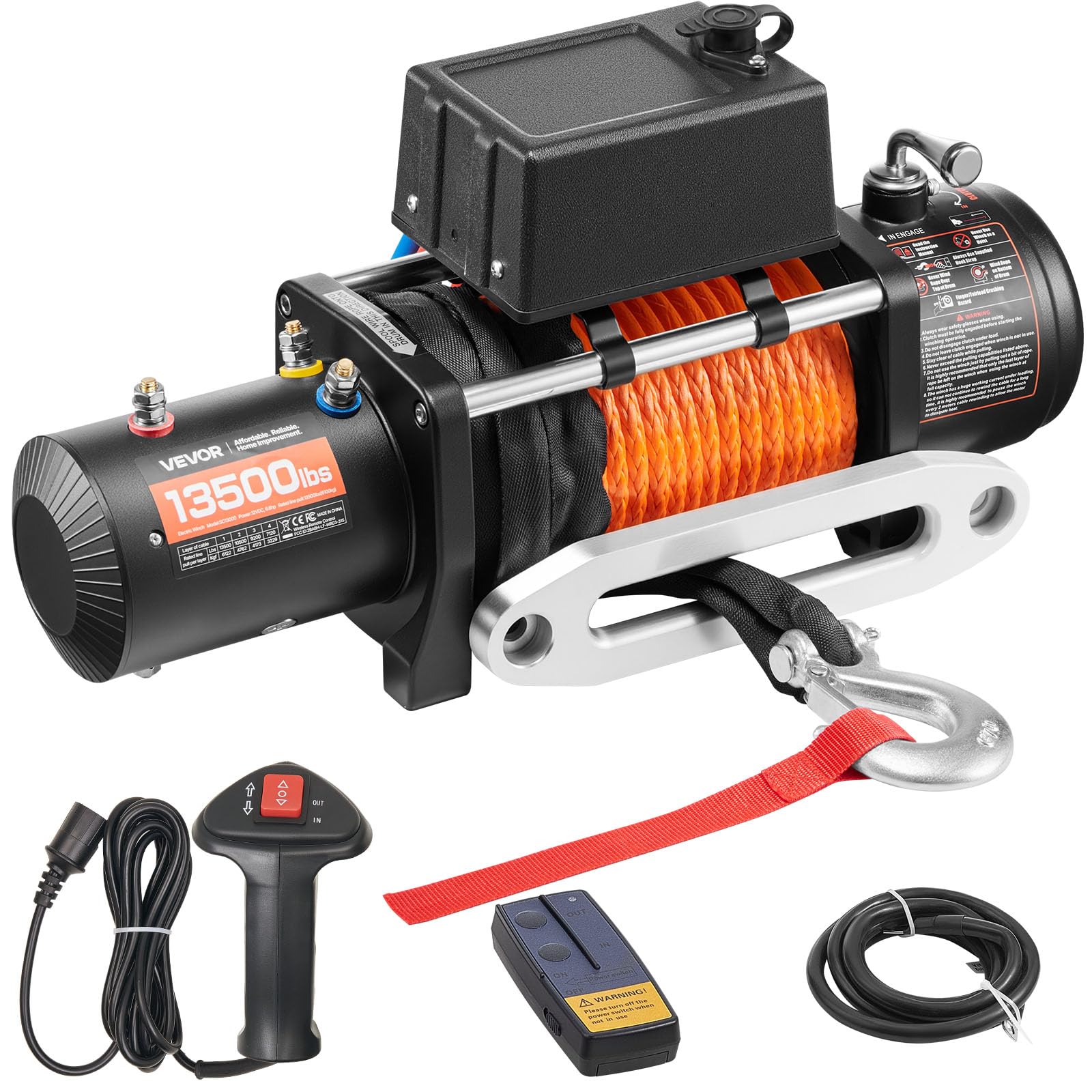 Photo 1 of VEVOR 13,500 lb Electric, Truck Winch 12V DC 3/8 in x 80 ft Synthetic Rope Aluminum Fairlead Wireless & Wired Remote Control, 13500 lbs, IP55 Waterproof Towing for Off Road Jeep SUV Boat