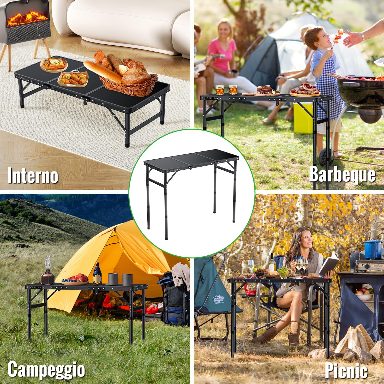GARLLEN Tavolo Pieghevole Salvaspazio,87x40 cm,3 Altezze Regolabili (26/48/70 cm),Tavolo da Pesca in Alluminio,per Campeeggio Picnic e Spiaggia,3 Pieghe,Nero