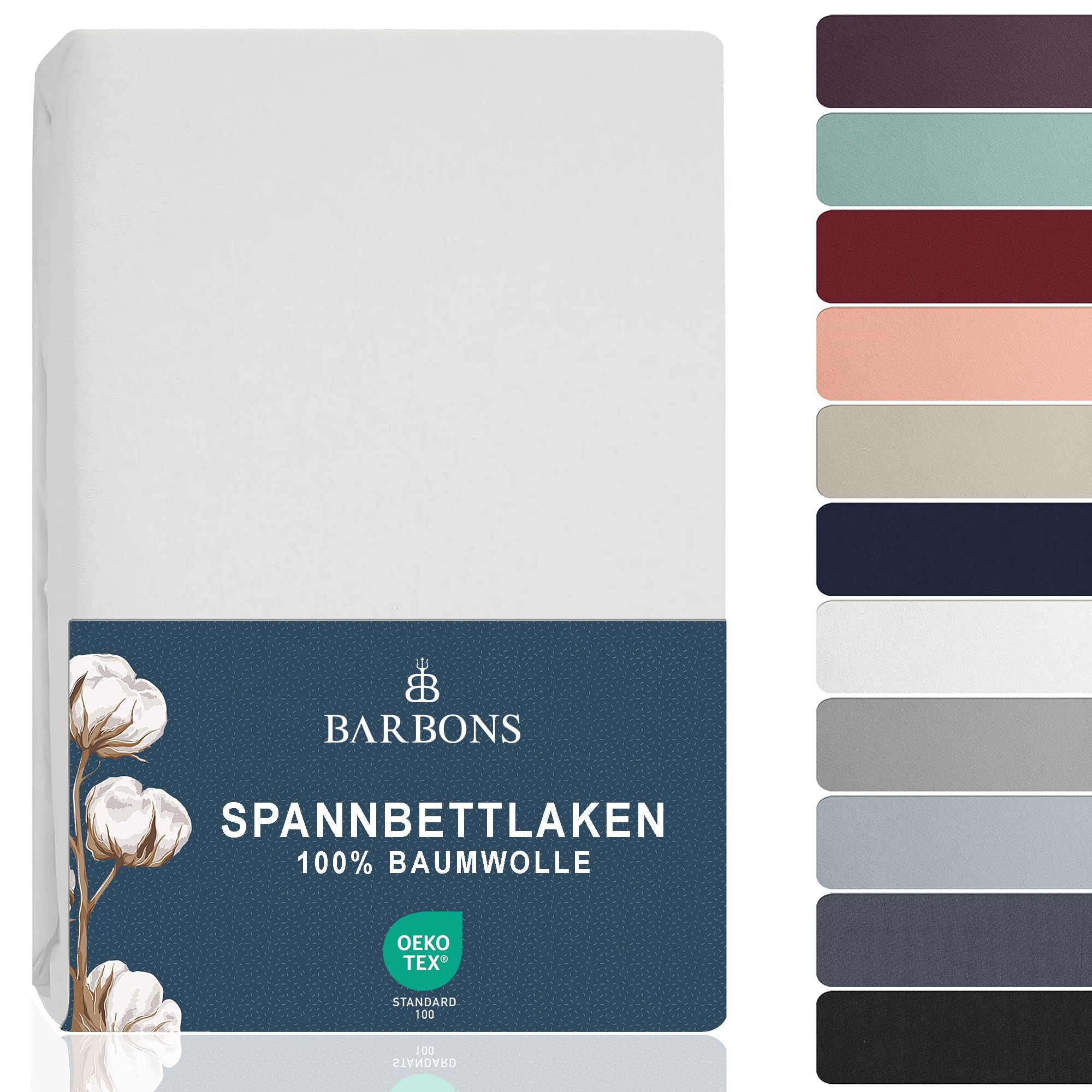 BARBONS Fitted Sheet 180 x 200 cm, 100% Cotton Fitted Sheet, OEKO-TEX Certified Bed Sheet, Jersey Bedding and Duvet Cover for Box Spring Bed and Thick Mattresses up to 25 cm, White