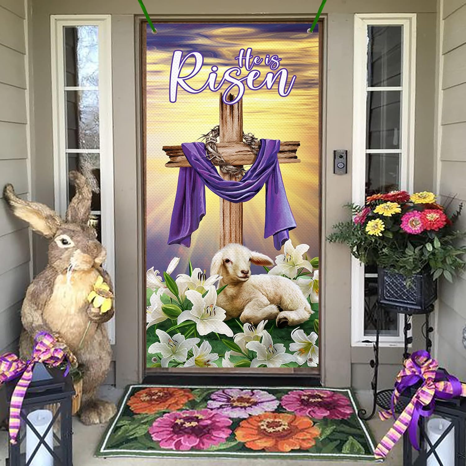 Deroro He is Risen Easter Religious Cross Door Cover Decorations, Christian Lily Faith Door Background Banner for Front Door Indoor Outdoor Decor, Spring Sunrise Lamb Home Decor 3 x 6 FT