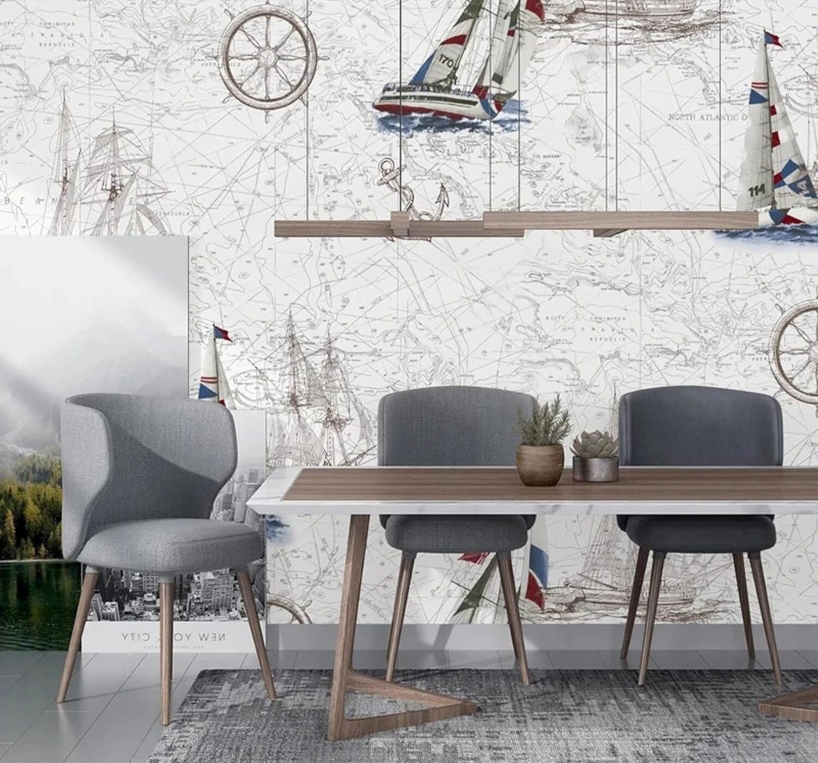 XLMING Vintage Line Art Nautical Sailing Style 3D Wallpaper Silky Texture Home Study Office Grey Dining Room Sofa Bedroom Living Room TV Backdrop-200cm×140cm