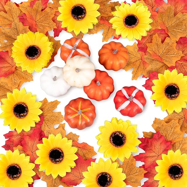 Whaline 127Pcs Autumn Fall Harvest Decoration Set Artificial Pumpkins Faux Sunflowers Fake Maple Leaves Assorted Mix Colored for Halloween Thanksgiving Festive Party Decor Supplies