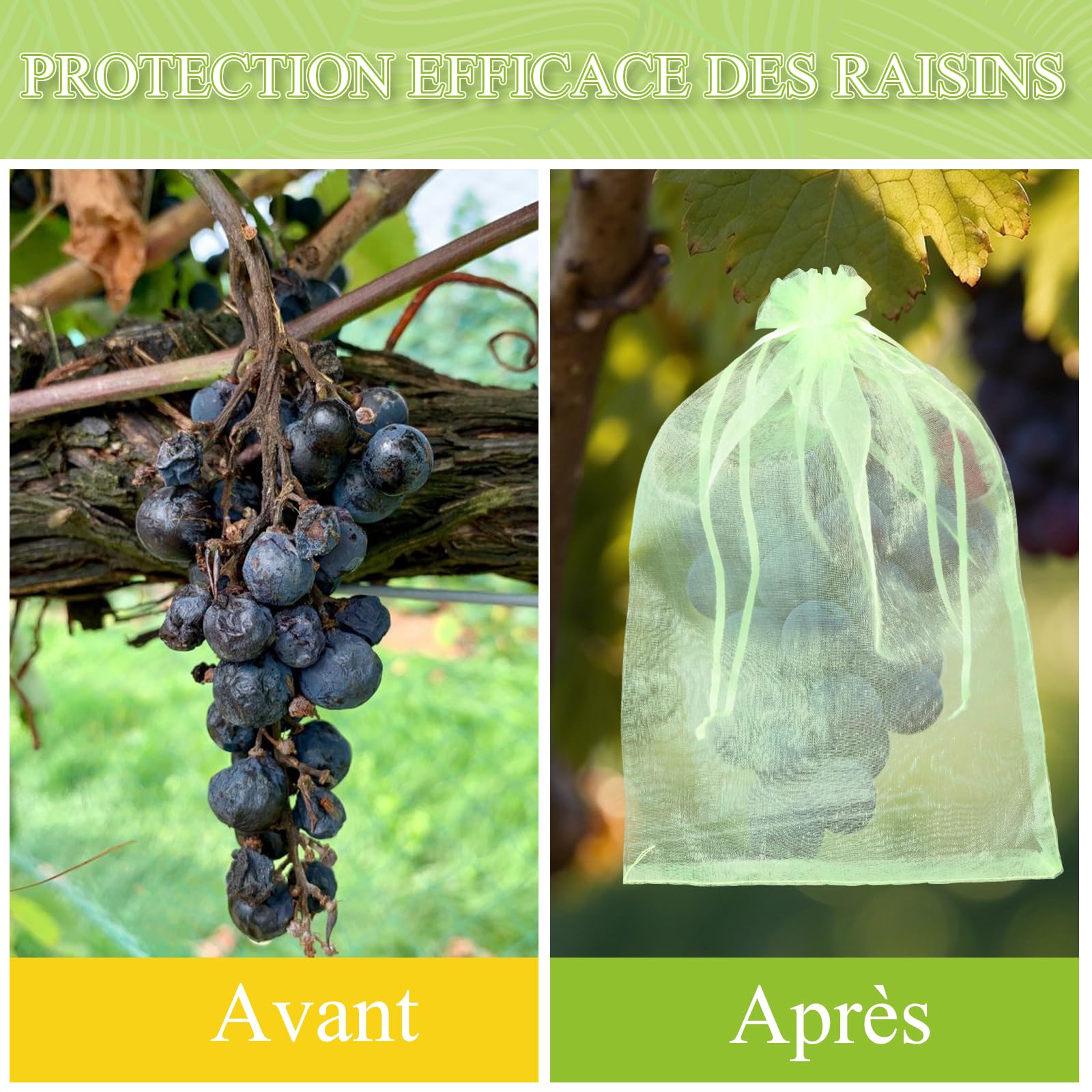 Sachet Protection Fruits Organza Vert Respirant à Cordon de Serrage 20x15cm 120 Pièces