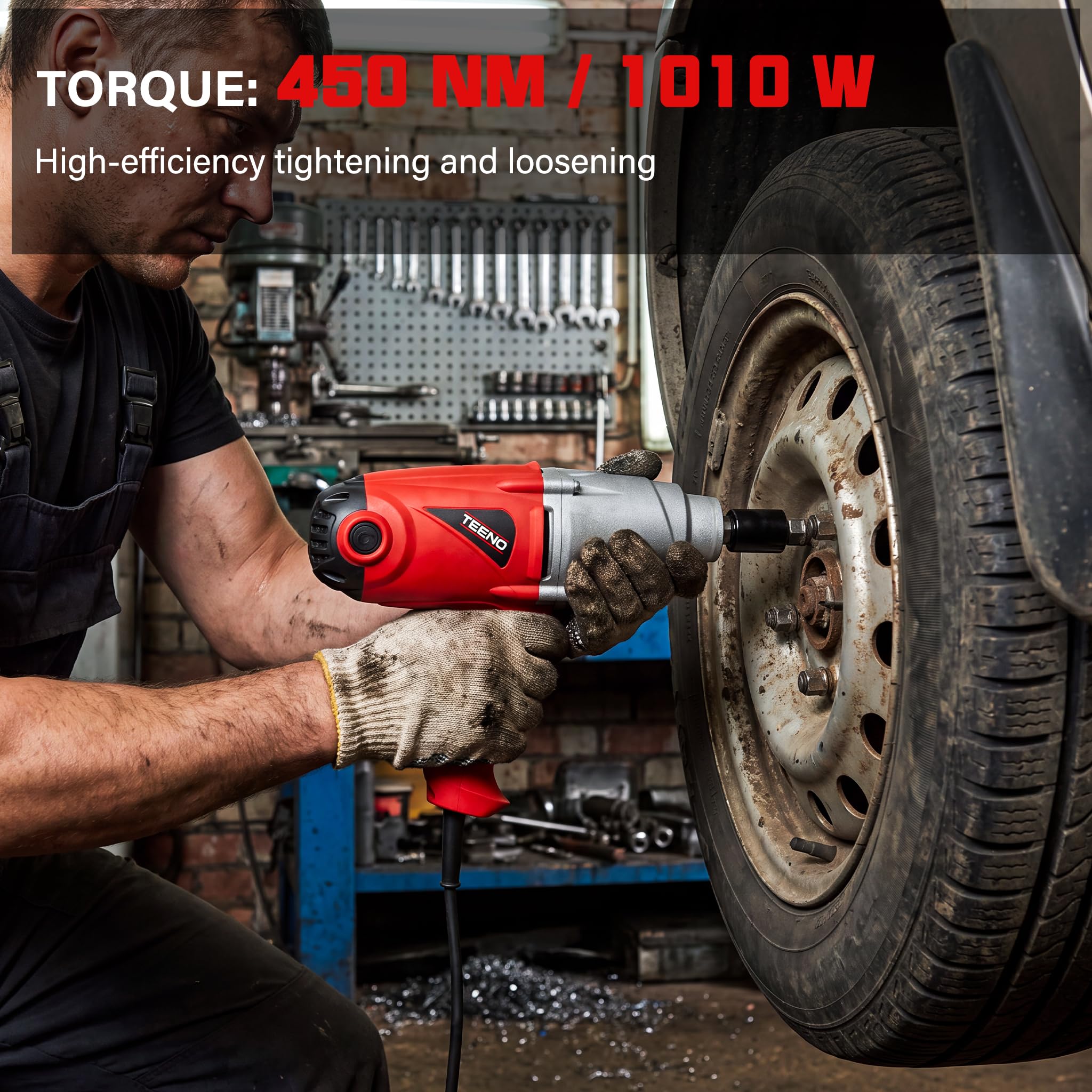 TEENO Schlagschrauber mit Kabel 1/2", 450 Nm, 1010 W, zum Anziehen & Lösen von Schrauben, im Koffer mit 4 Steckschlüsseln (17, 19, 21 und 22 mm), Kabellänge 2M, Rot