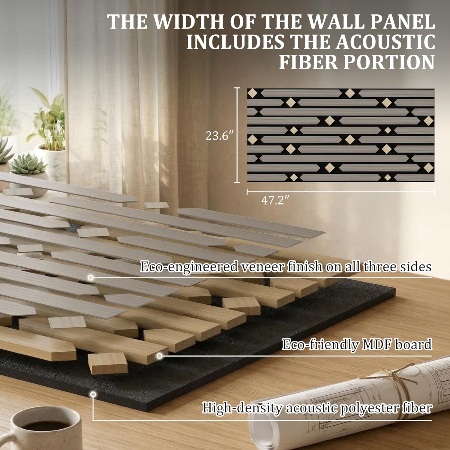 PVC Acoustic Wall Panels, Geometric Sound-Reducing Panels with Built-in Acoustic Layer, 23.6 × 47.2 Inches, 4 Panels per Box, Modern Decorative Wall Panels (Grey) (Grey)