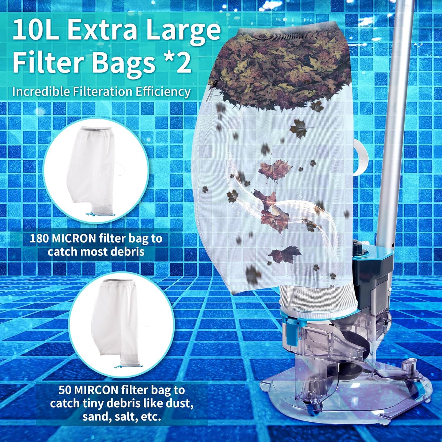 Aspiradora inalámbrica para hojas de piscina con bolsas de filtro duales | Bolsas de filtro duales; succión resistente para piscinas sobre el suelo y enterradas; fácil eliminación de hojas y desechos