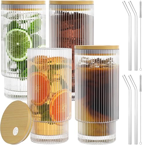 Vasos de vidrio acanalado de 16 onzas con tapas y popotes, tazas de café helado con tapa de bambú, cristalería vintage para whisky, cóctel, cerveza,