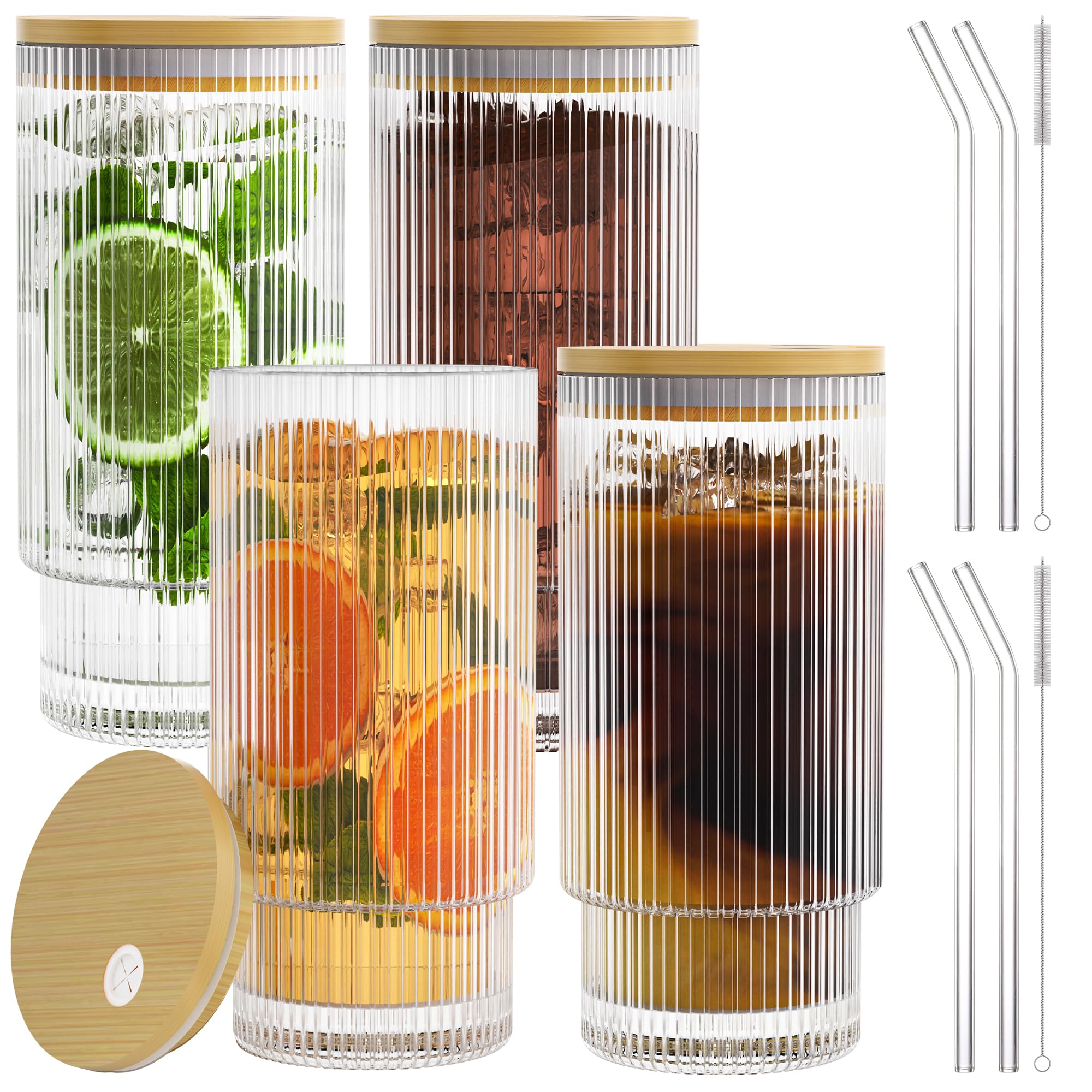16oz ribbed glass cups with lids and straws,iced coffee cups with bamboo lid,vintage glassware for whiskey cocktail beer fruit juice glasses tumbler(4 pack)