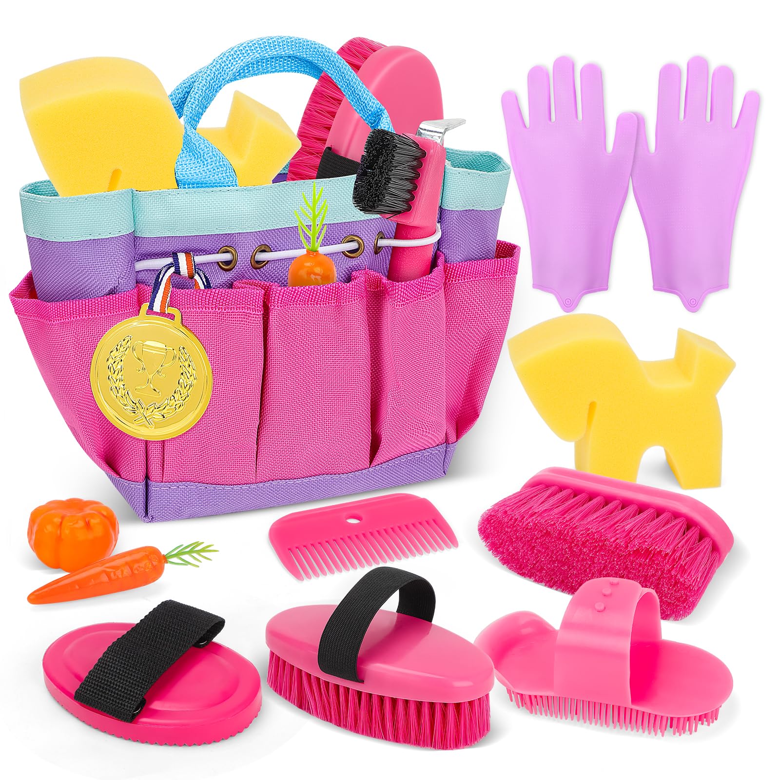 deAO Set de Cuidado de Caballos con Bolsa, Utensilios de Limpieza para Caballos para Niños con Cepillo, Guantes, Cepillo de Masaje, Peine para Crines, Rascador de Cascos, Esponja para Caballos (Rosa)