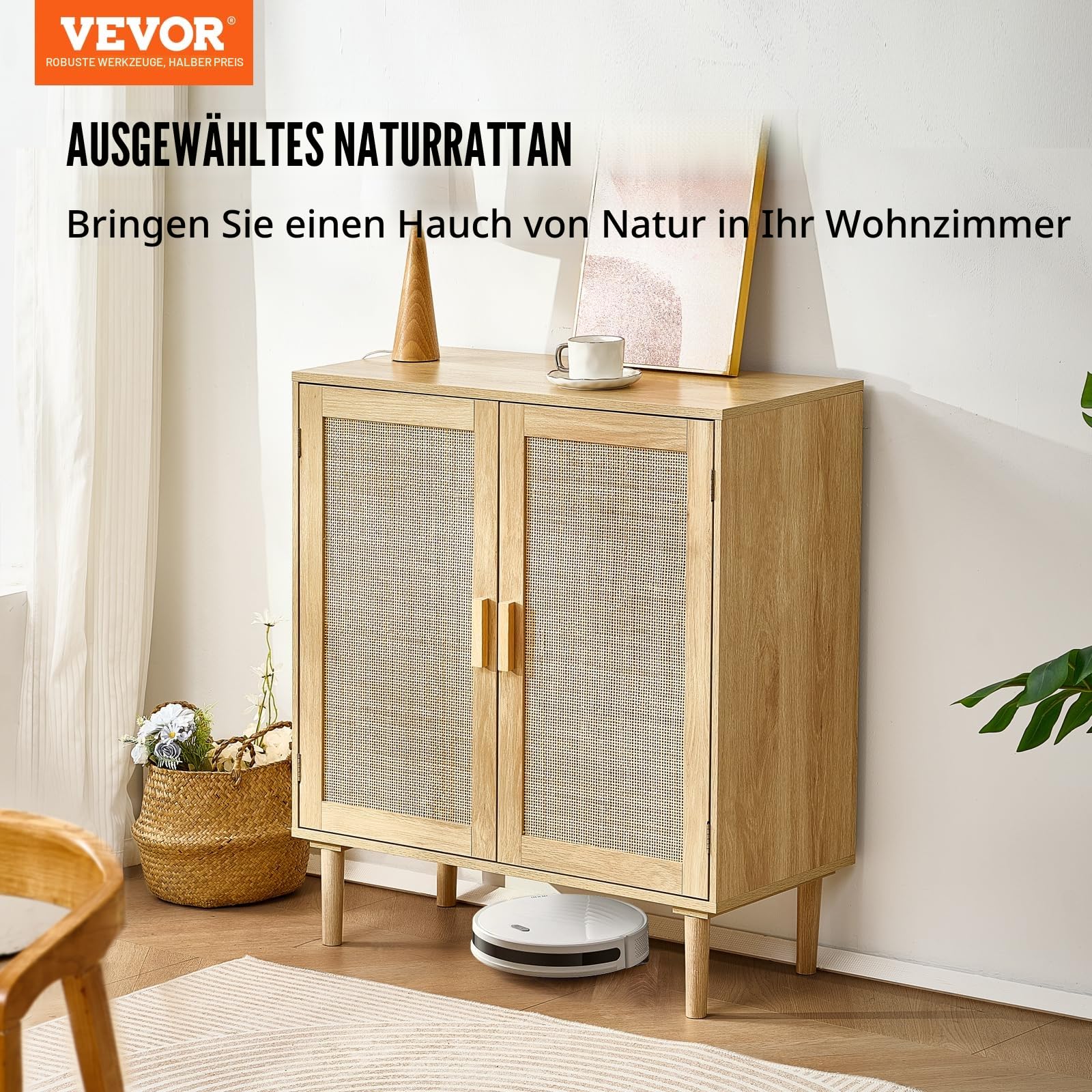 VEVOR Rattanschrank Rattankommode Aufbewahrungsschrank mit 2 magnetischen Türen & verstellbaren Regalen & Griffen, Sideboard-Buffetschrank für Flur Eingangsbereich Wohnzimmer Küche Flur