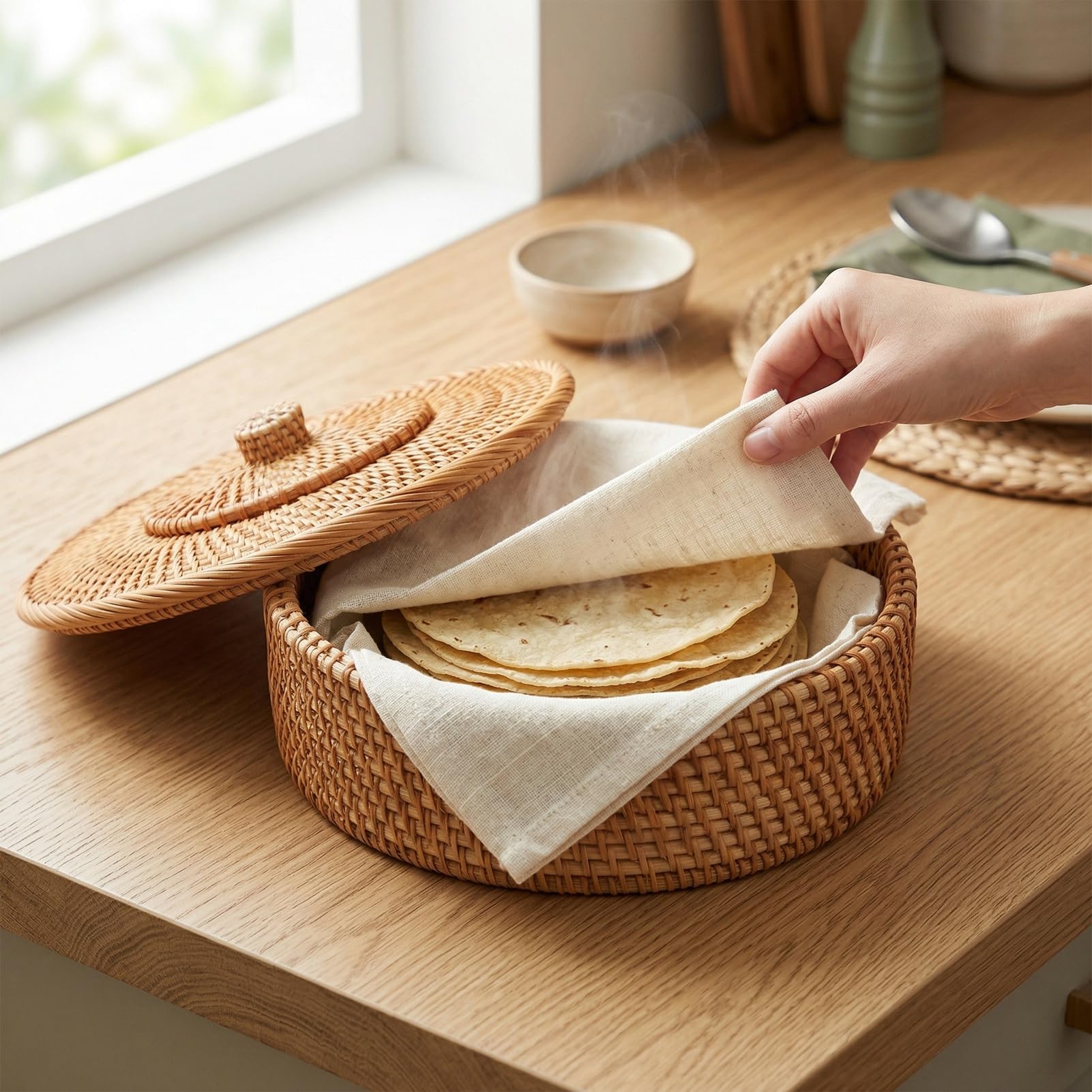 Rattan-Tortilla-Korb mit Deckel, 10,2 Zoll für Wraps