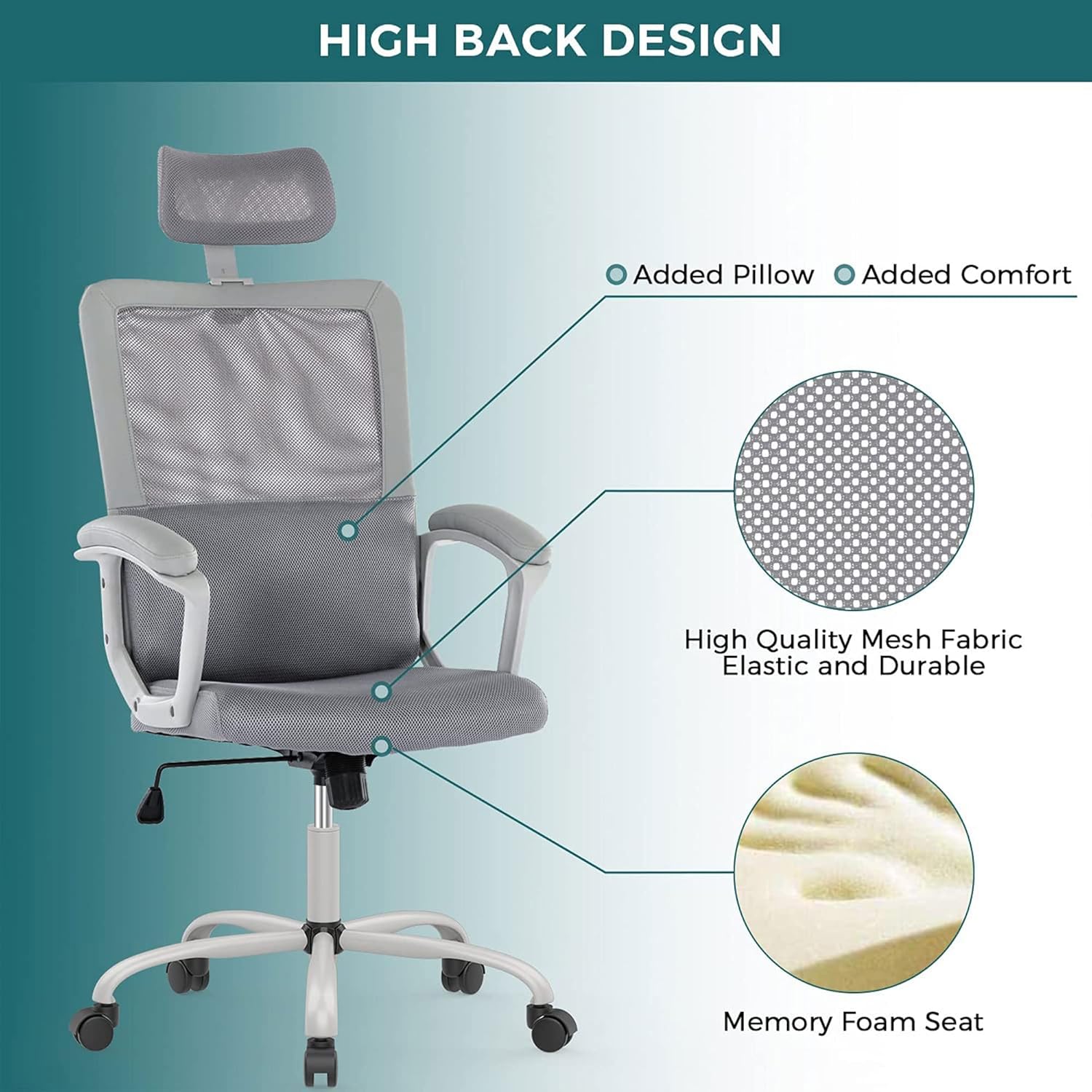 Smugdesk Ergonomic Mesh High Back Chair with Lumbar Support, Adjustable Headrest, Armrests, and Wheels, for Office Desk, Gaming Setup, and More, Gray : Home & Kitchen