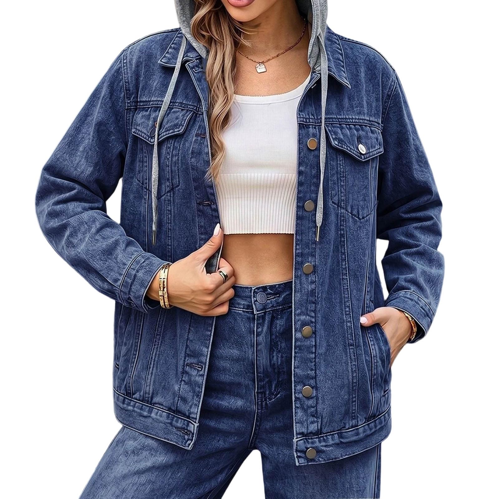 Jeansjacke Damen Sweatjacke mit Abnehmbarer Kapuze Freizeit Hemdjacke