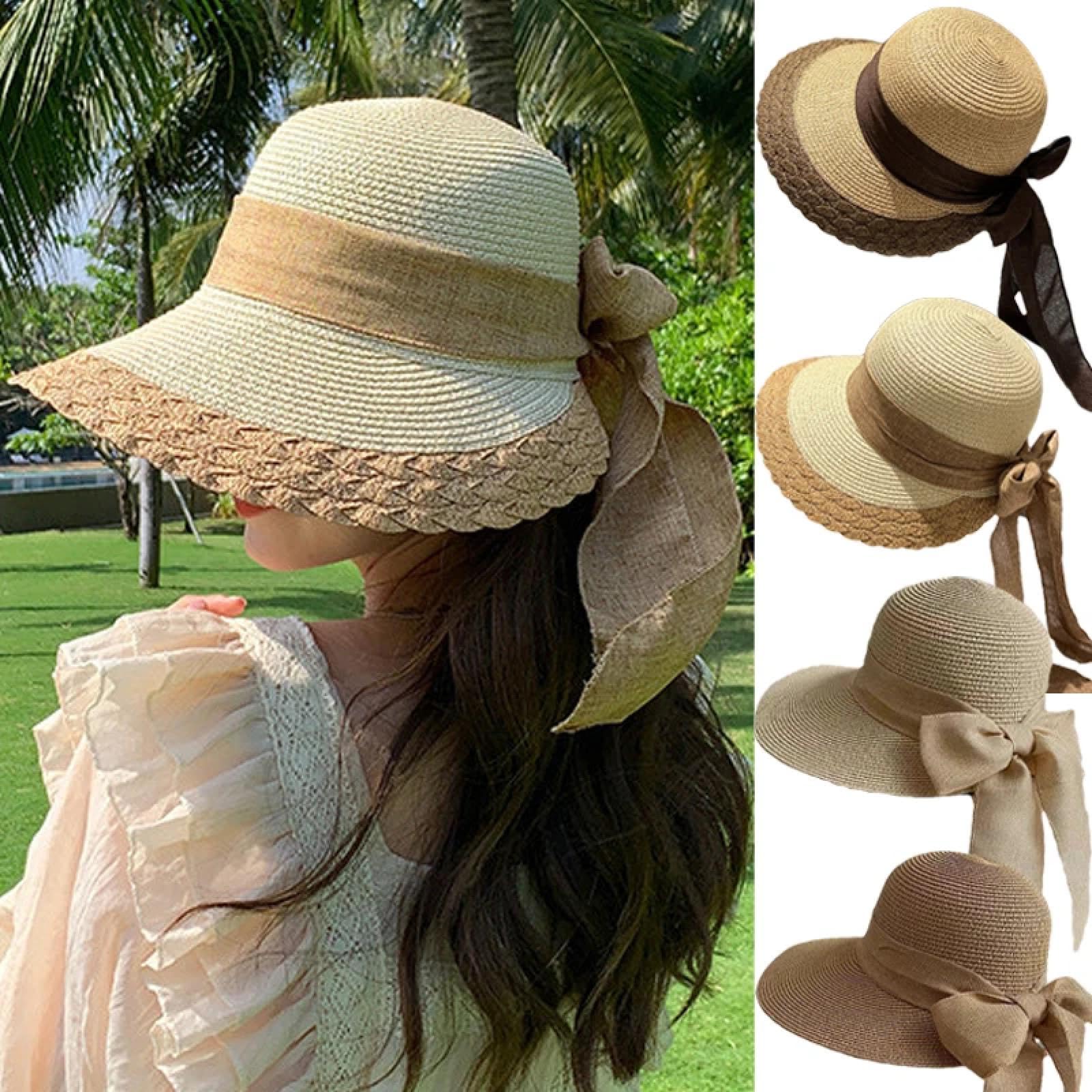 Gorros De Punto para Sombrero Tejido Beanie Sombrero De Paja De ala Sombrero De Protección con Lazo Cinta Viseras Transpirables Gorra De Playa De Viaje Al Aire Libre